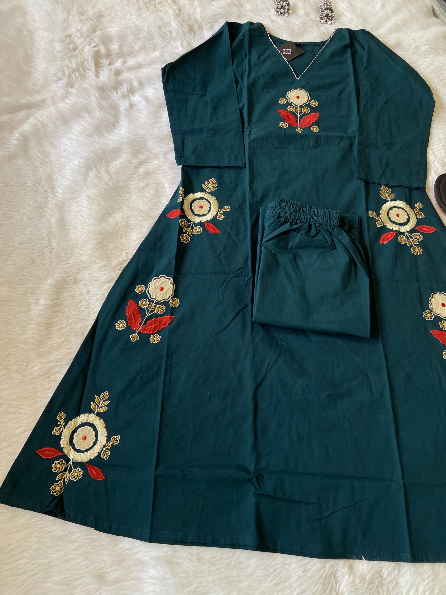 VNeck Aline Kurti With Embroidery Work And With Matching Palazzo. Cotton Aline Kurti Sets For Women