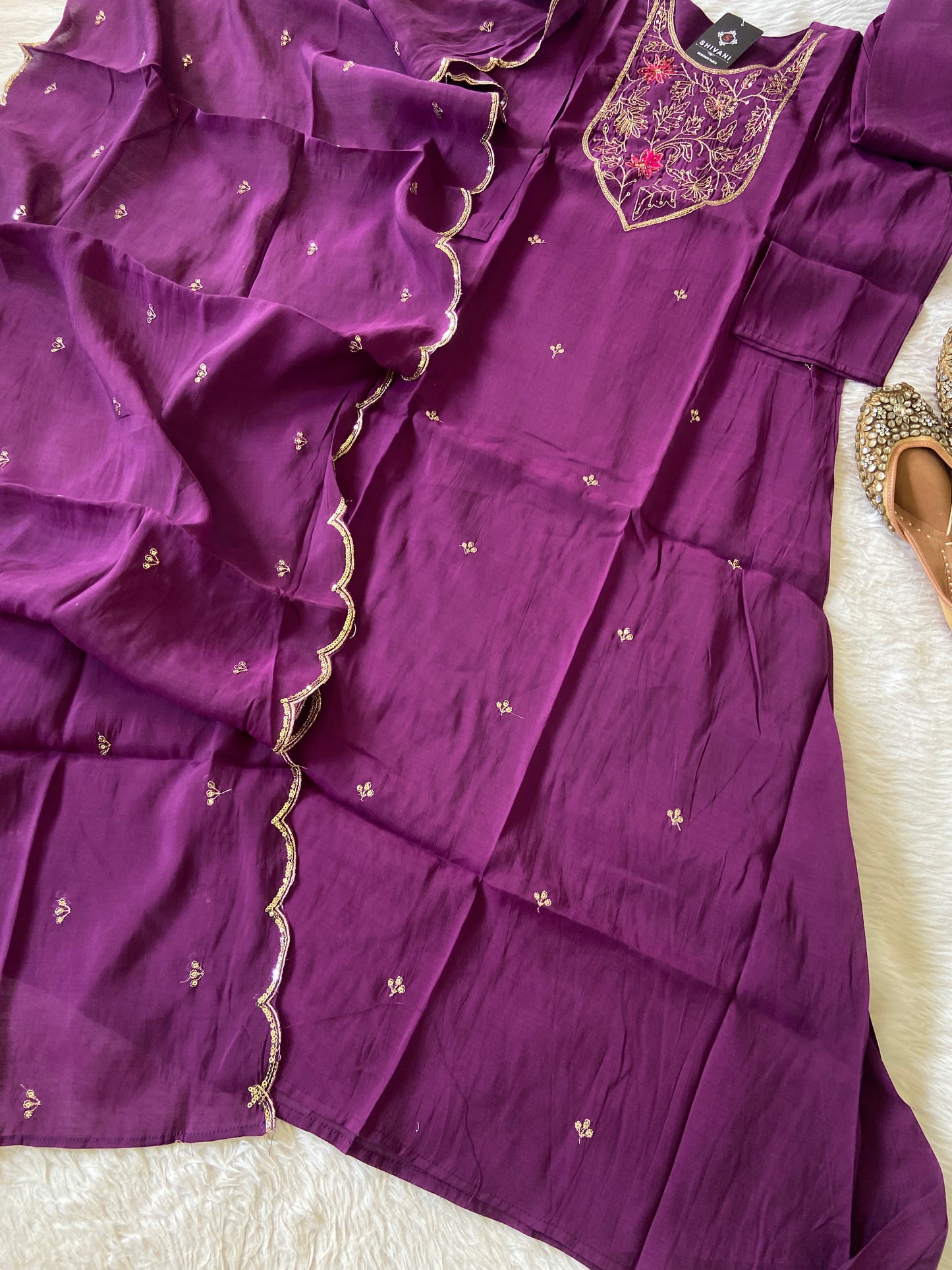 Embroidery Work In Neck, Aline Kurti, Palazzo, Dupatta. Mul Chanderi Aline Silk Suit Sets For Women