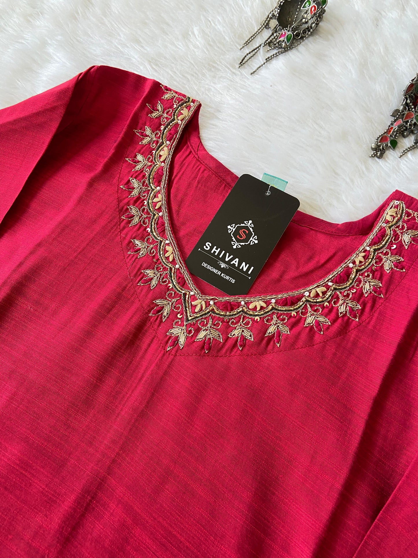 Handwork In Neck, Silk StraightCut Kurti For Women