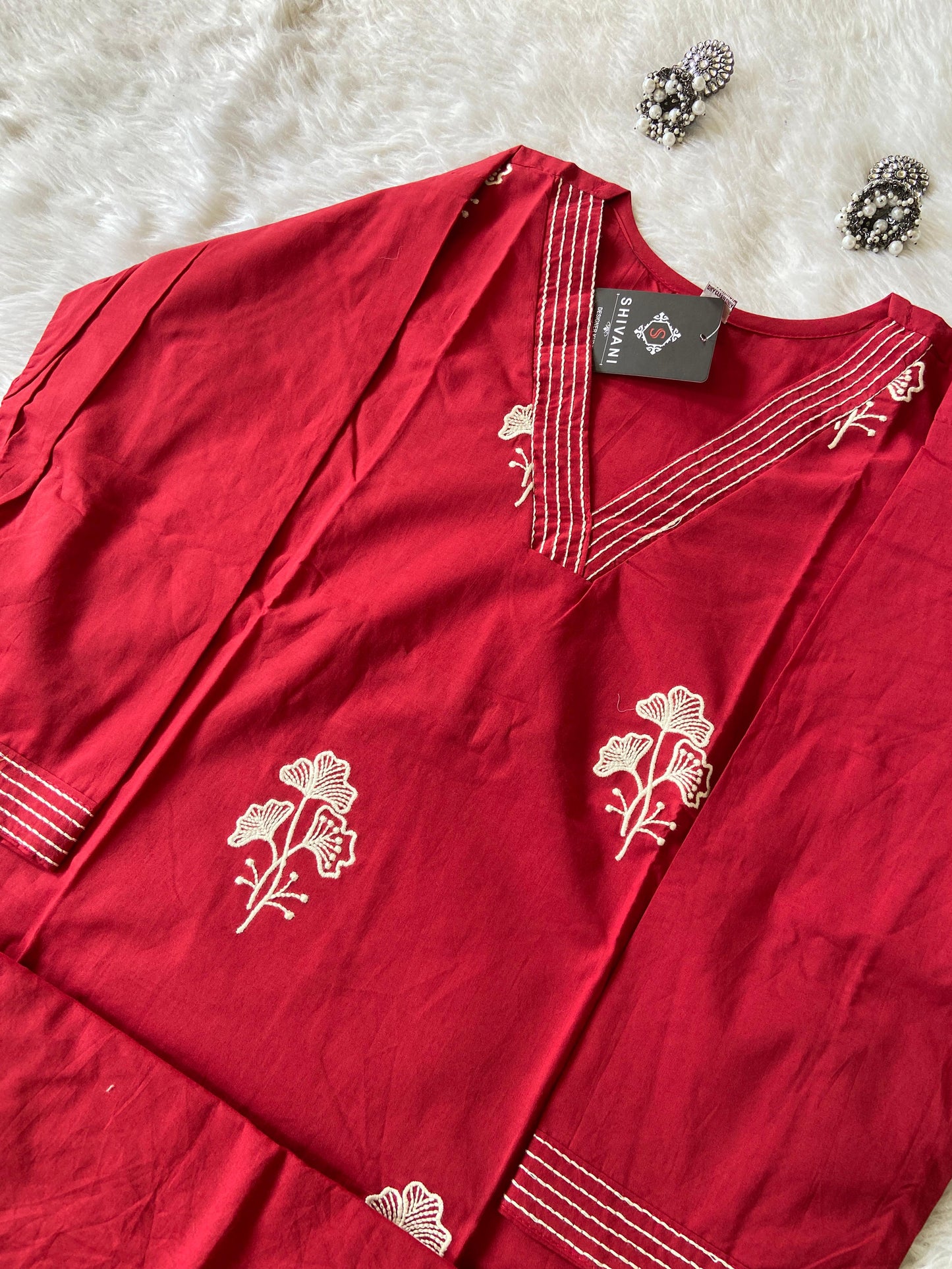 Beautiful Embroidery Work, VNeck Aline Kurti With Palazzo. Cotton Aline Kurti Sets For Women.