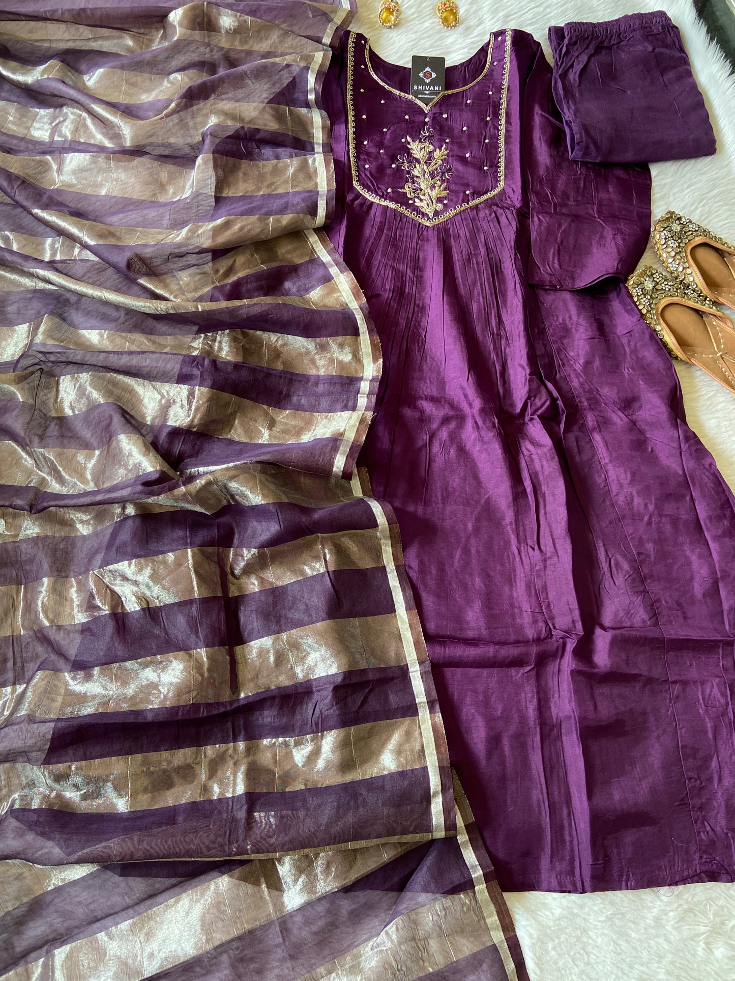 Beautiful Handwork Aline Kurti, With Pant And Dupatta, Silk Aline Kurti Suit Sets For Women