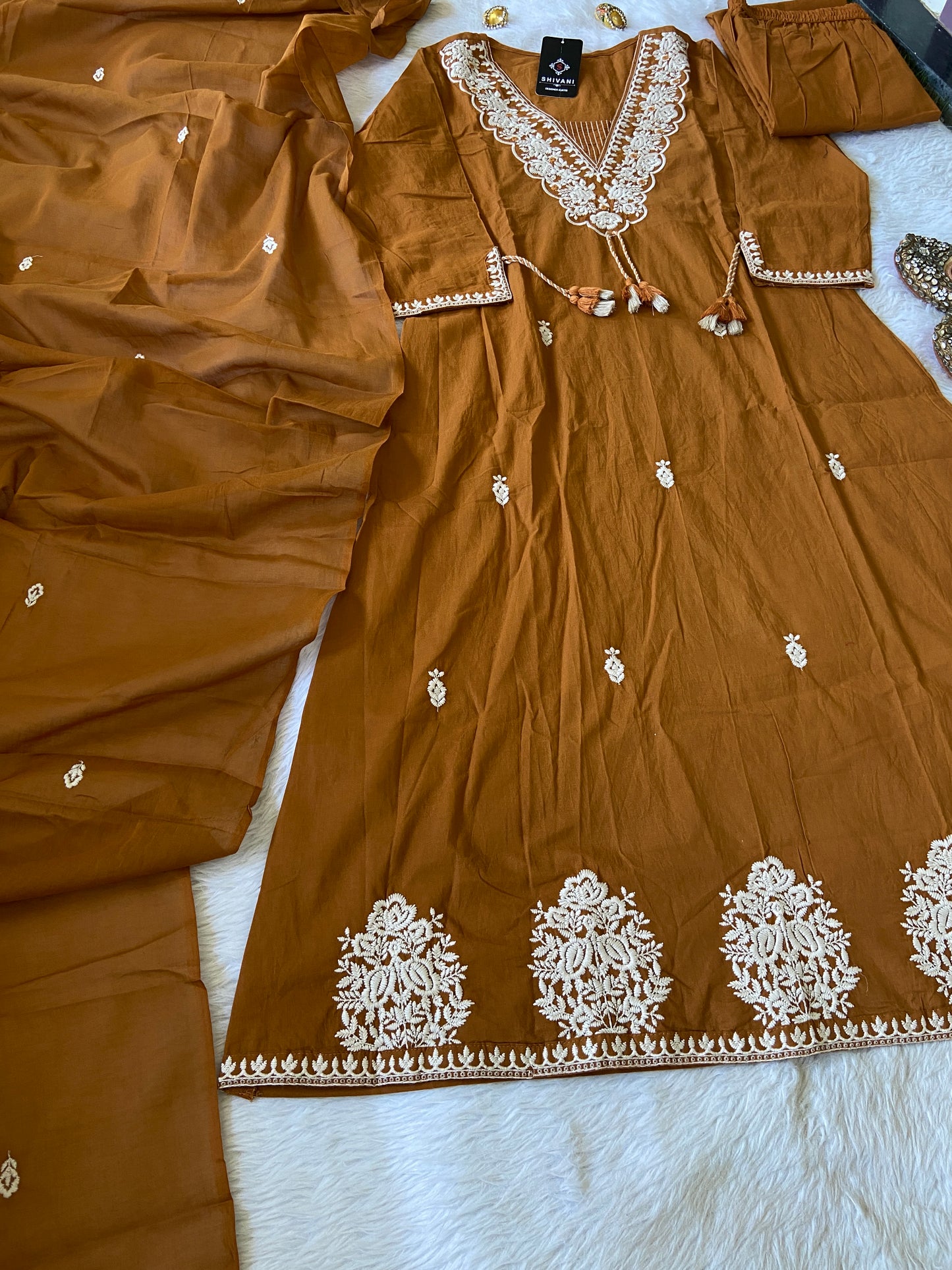 Beautiful Embroidery Work Kurti, With Matching Pant And Dupatta, Cotton Aline Kurti Suits For Women