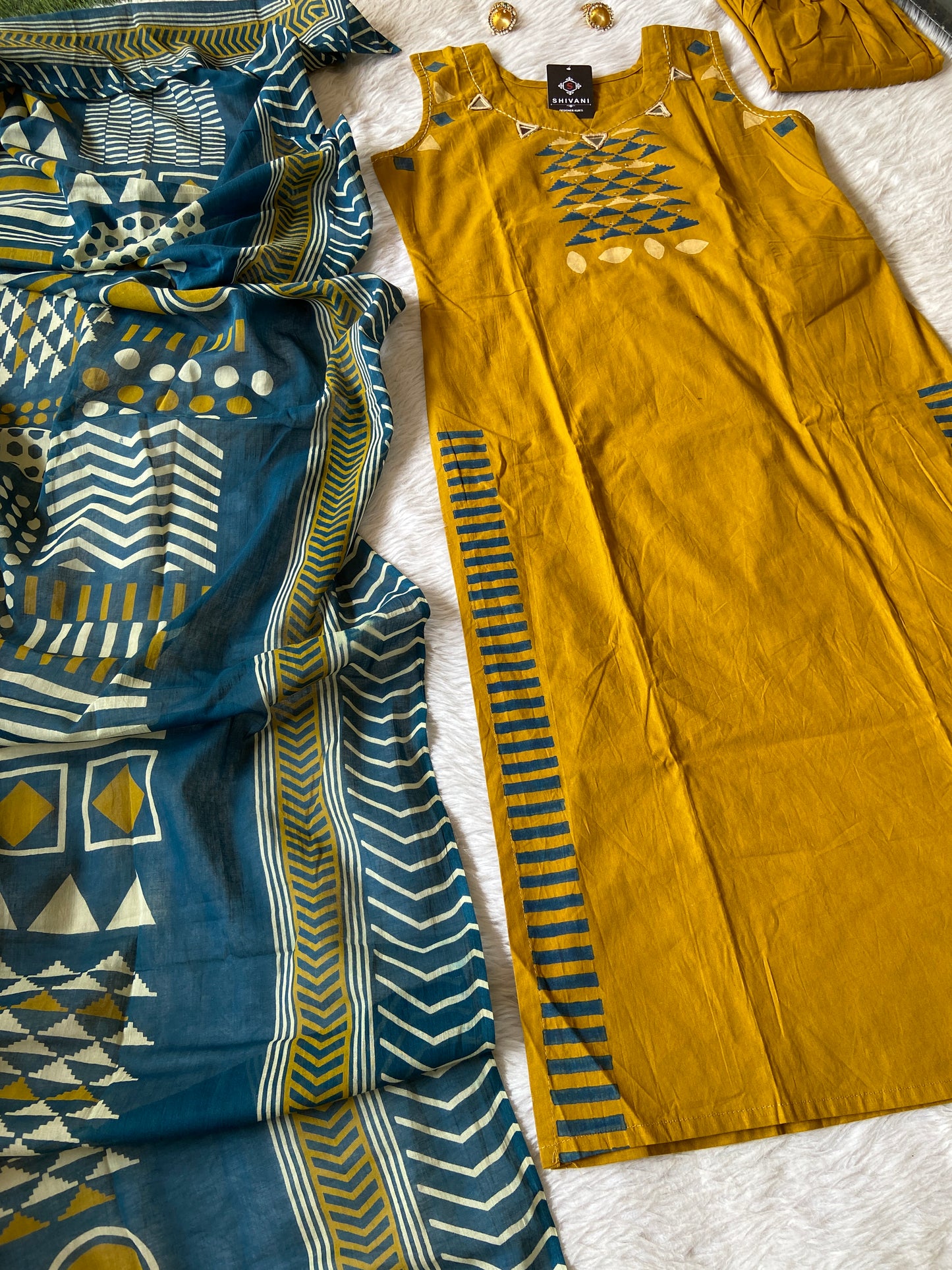 Cotton Straightcut Kurti With Matching Palazzo And Dupatta, Cotton Straightcut Suit Sets For Women