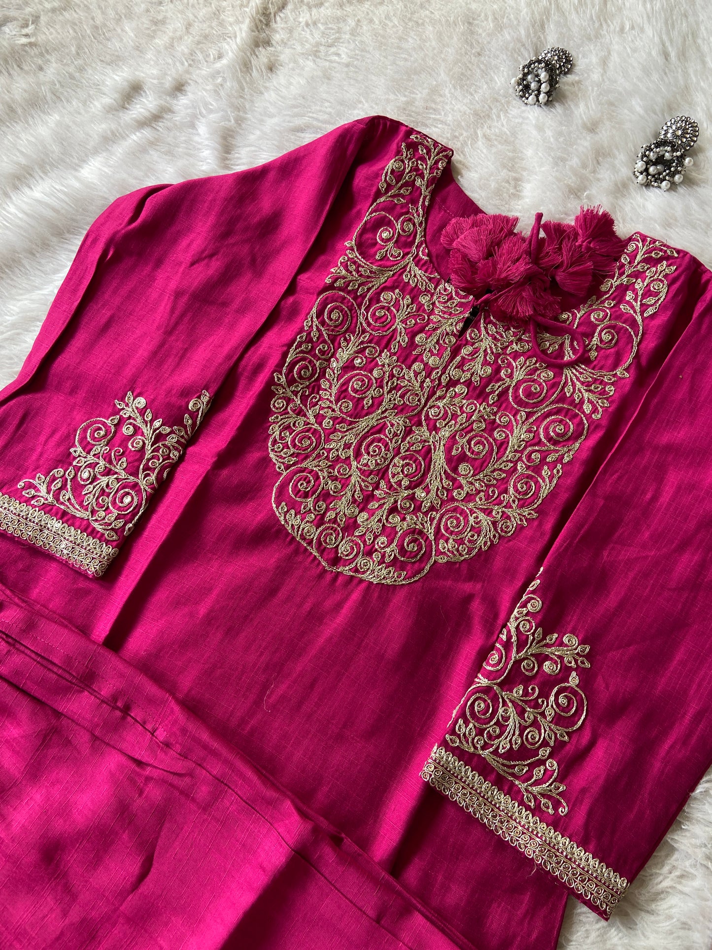 Heavy Golden Embroidery Work In Neck And Sleeve, With Matching Palazzo, Silk Straightcut Kurti Sets For Women
