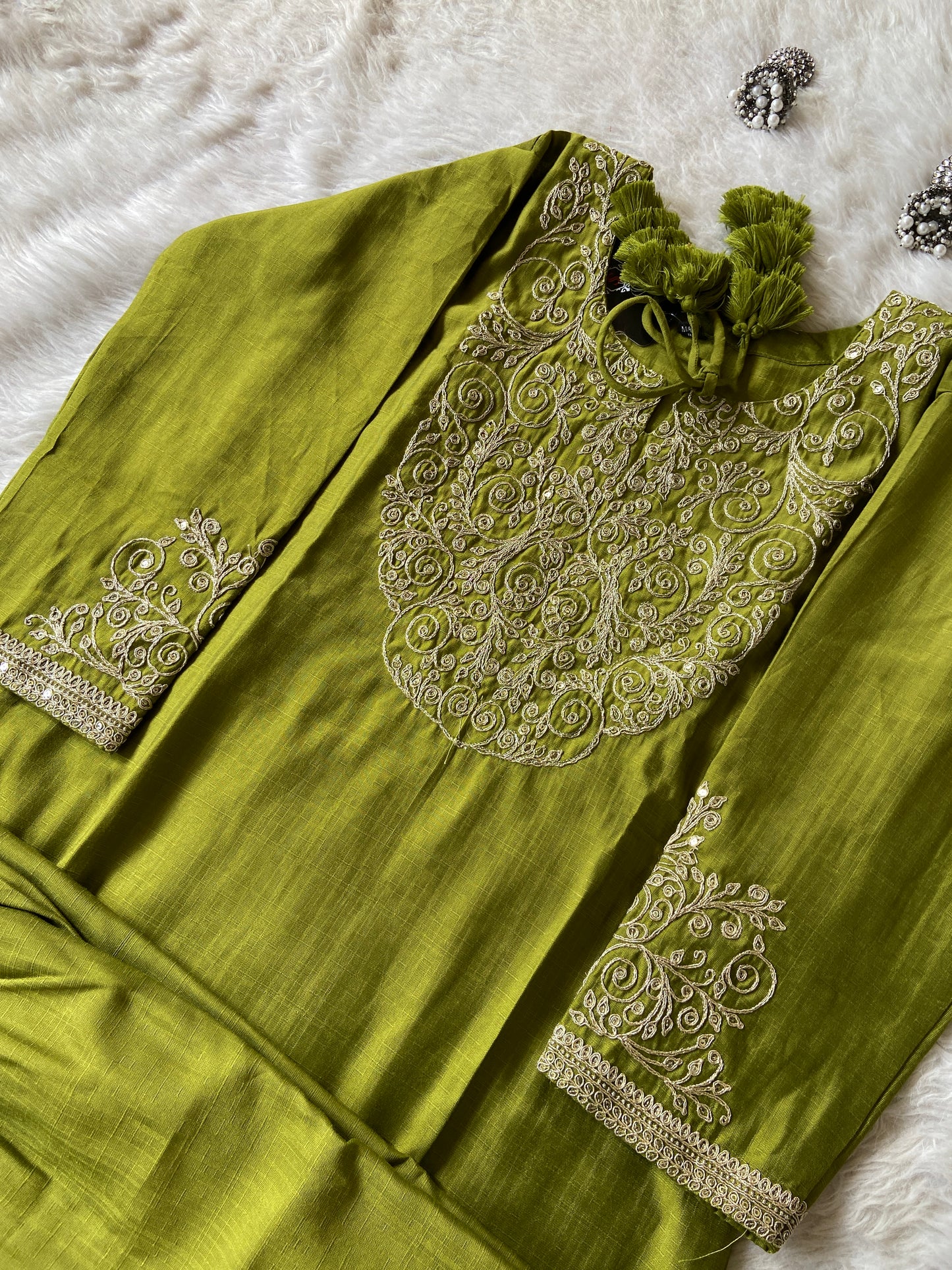 Heavy Golden Embroidery Work In Neck And Sleeve, With Matching Palazzo, Silk Straightcut Kurti Sets For Women