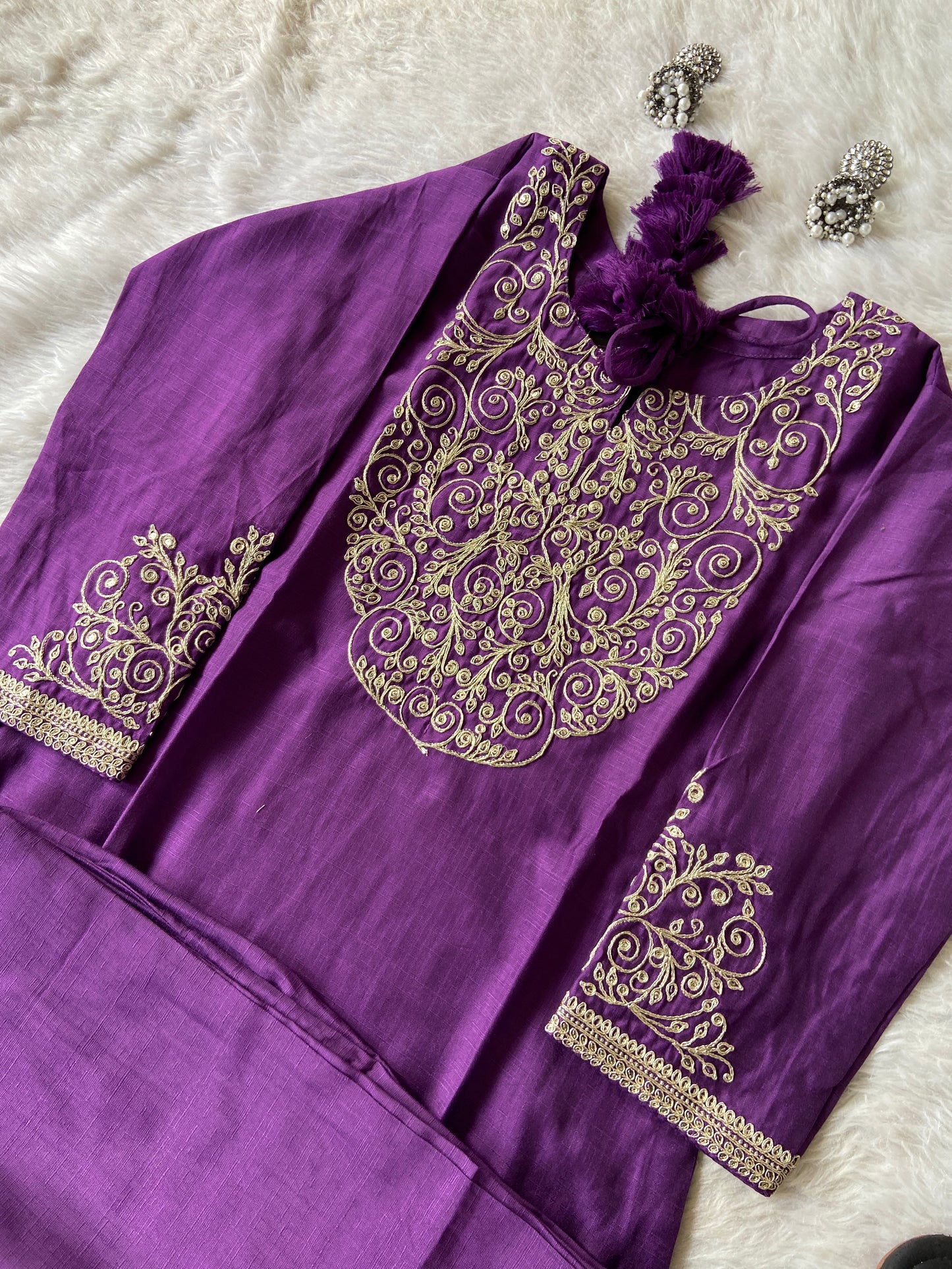 Heavy Golden Embroidery Work In Neck And Sleeve, With Matching Palazzo, Silk Straightcut Kurti Sets For Women