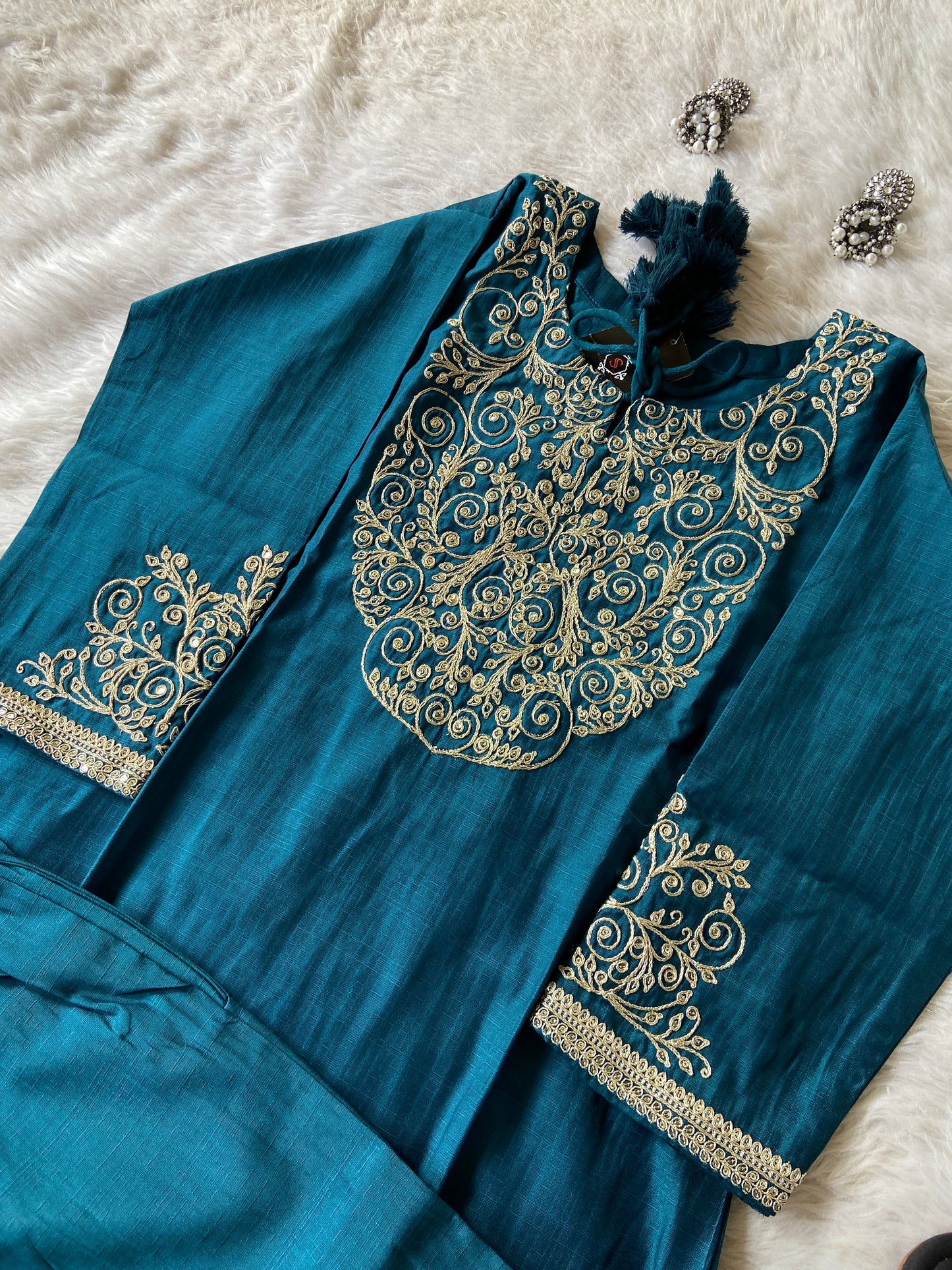 Heavy Golden Embroidery Work In Neck And Sleeve, With Matching Palazzo, Silk Straightcut Kurti Sets For Women