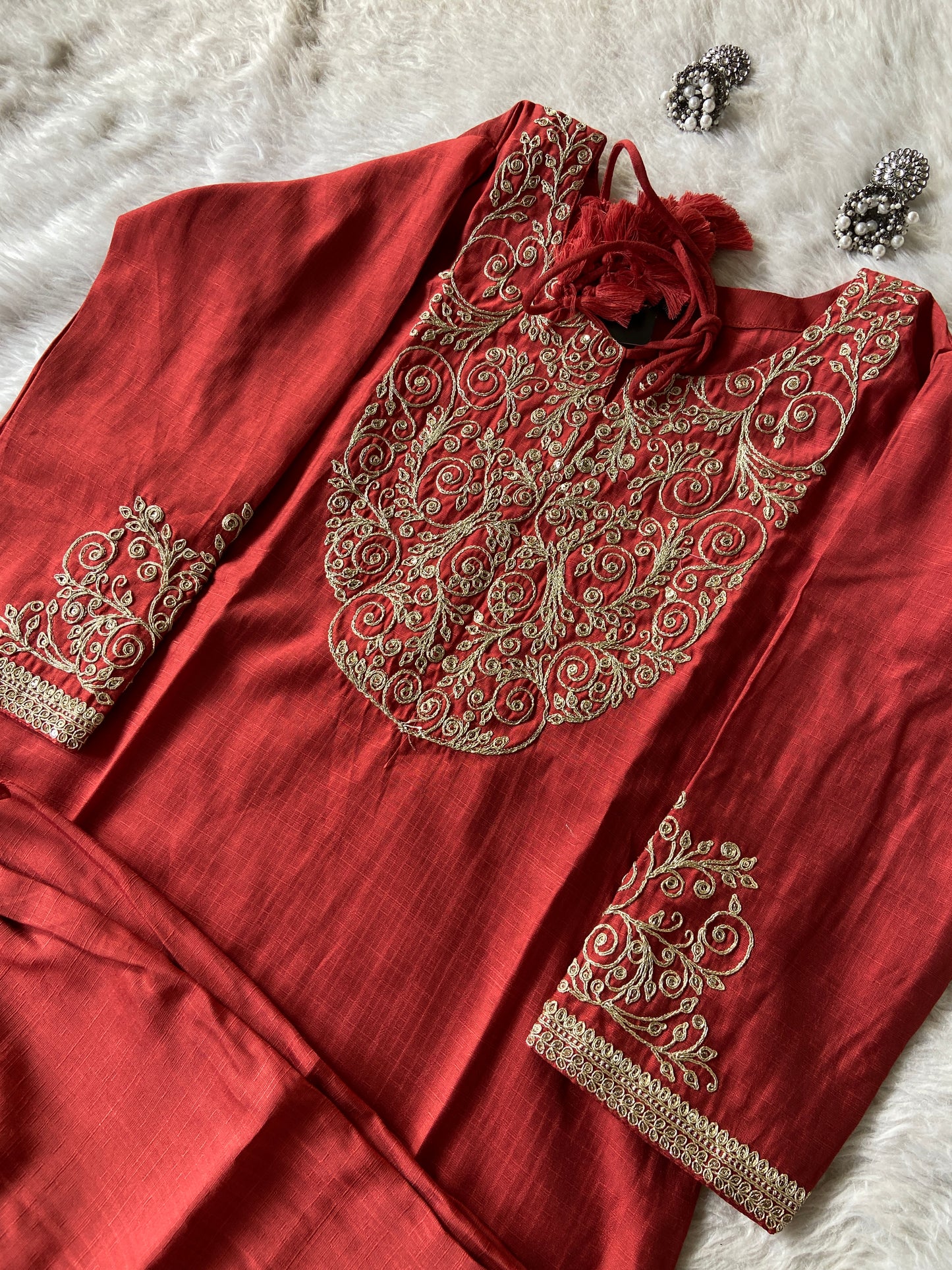 Heavy Golden Embroidery Work In Neck And Sleeve, With Matching Palazzo, Silk Straightcut Kurti Sets For Women