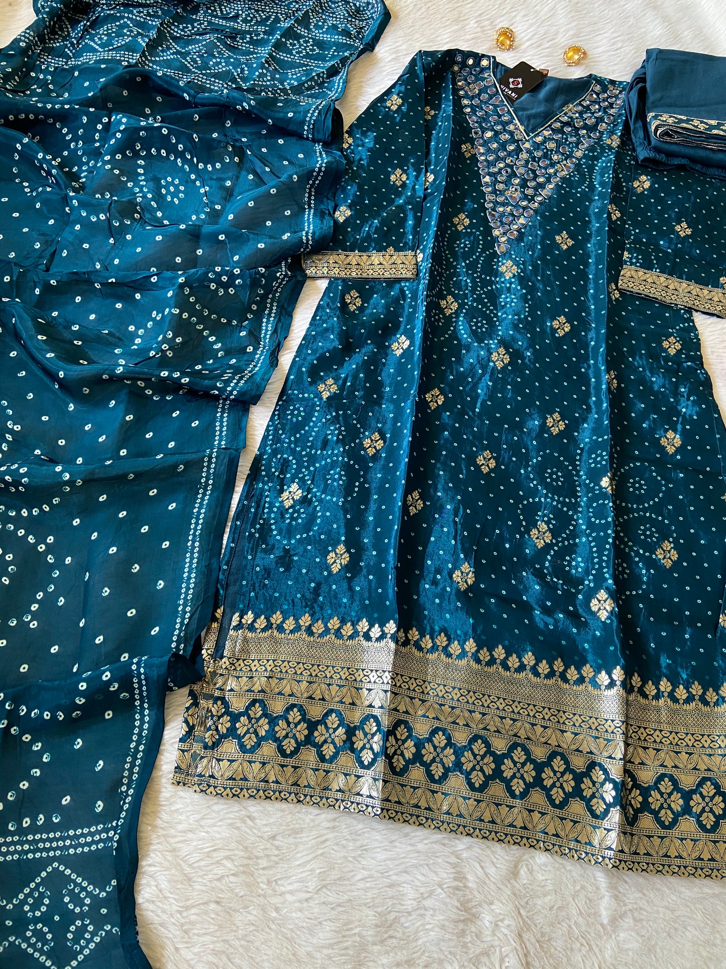 Mirror Work In Neck, Bandani/Bandhej Concept StraightCut Kurti Matching Palazzo And Dupatta. Crepe StraightCut Silk Suit Sets For Women