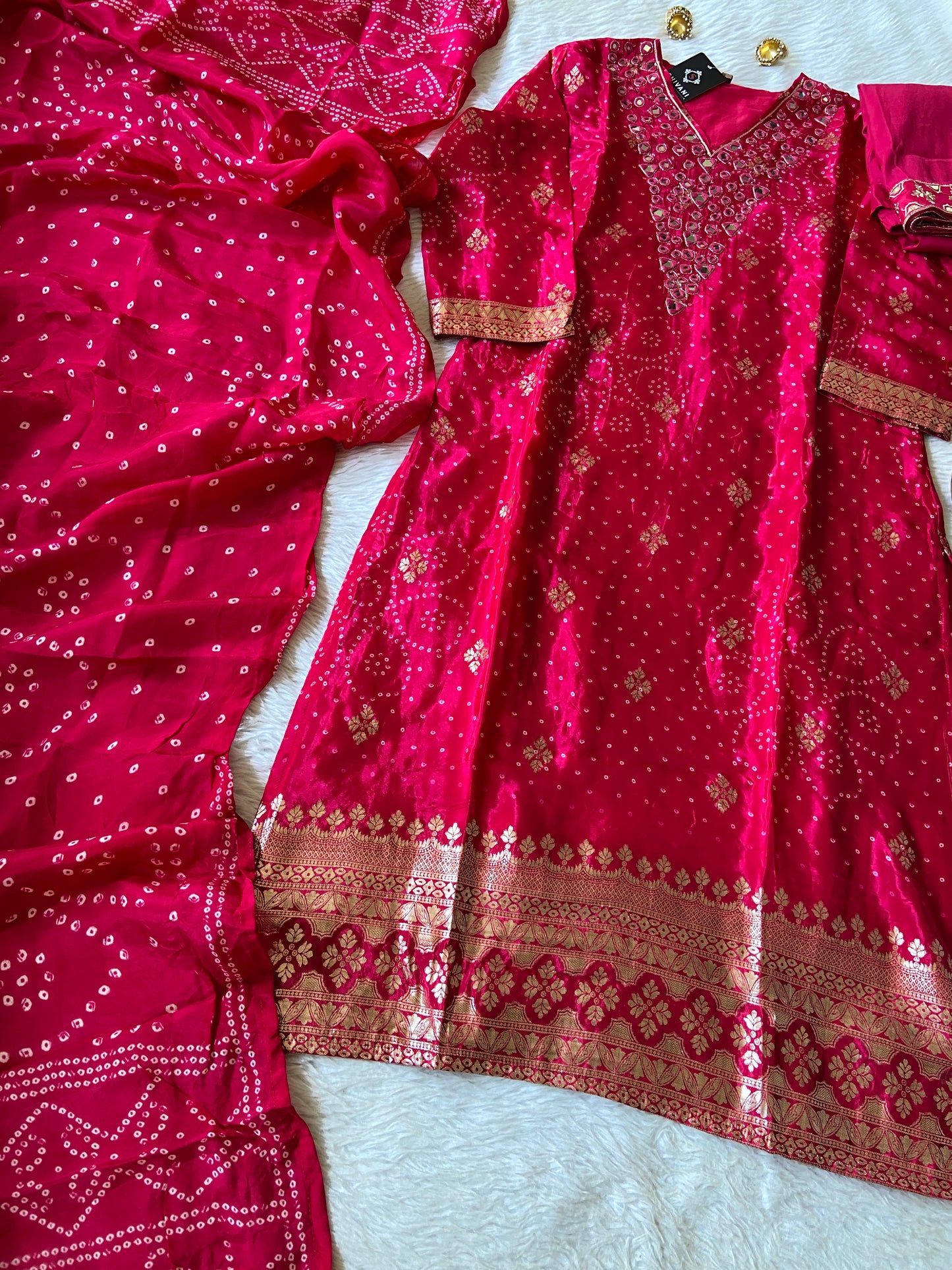 Mirror Work In Neck, Bandani/Bandhej Concept StraightCut Kurti Matching Palazzo And Dupatta. Crepe StraightCut Silk Suit Sets For Women