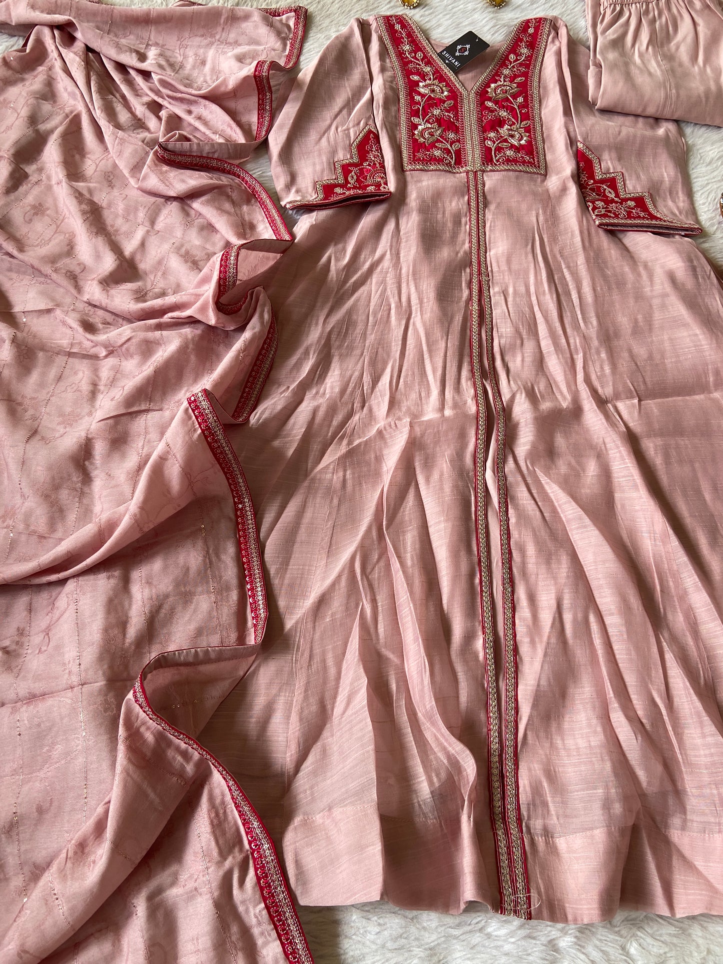 Premium Silk Suit With Beauty Ful Patchwork In Yoke With Matching Palazzo And Dupatta. Silk Aline Suit Sets For Women