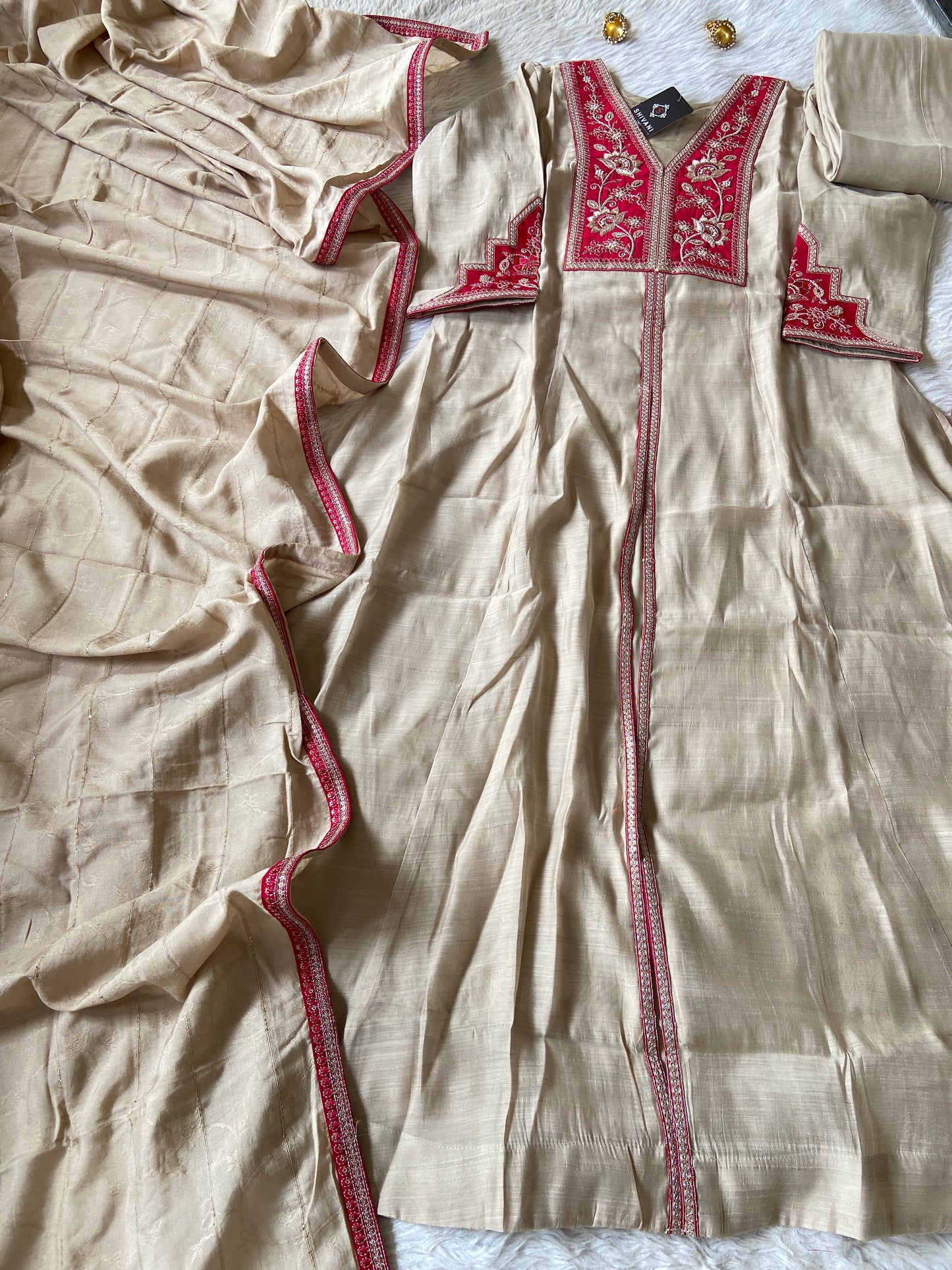 Premium Silk Suit With Beauty Ful Patchwork In Yoke With Matching Palazzo And Dupatta. Silk Aline Suit Sets For Women