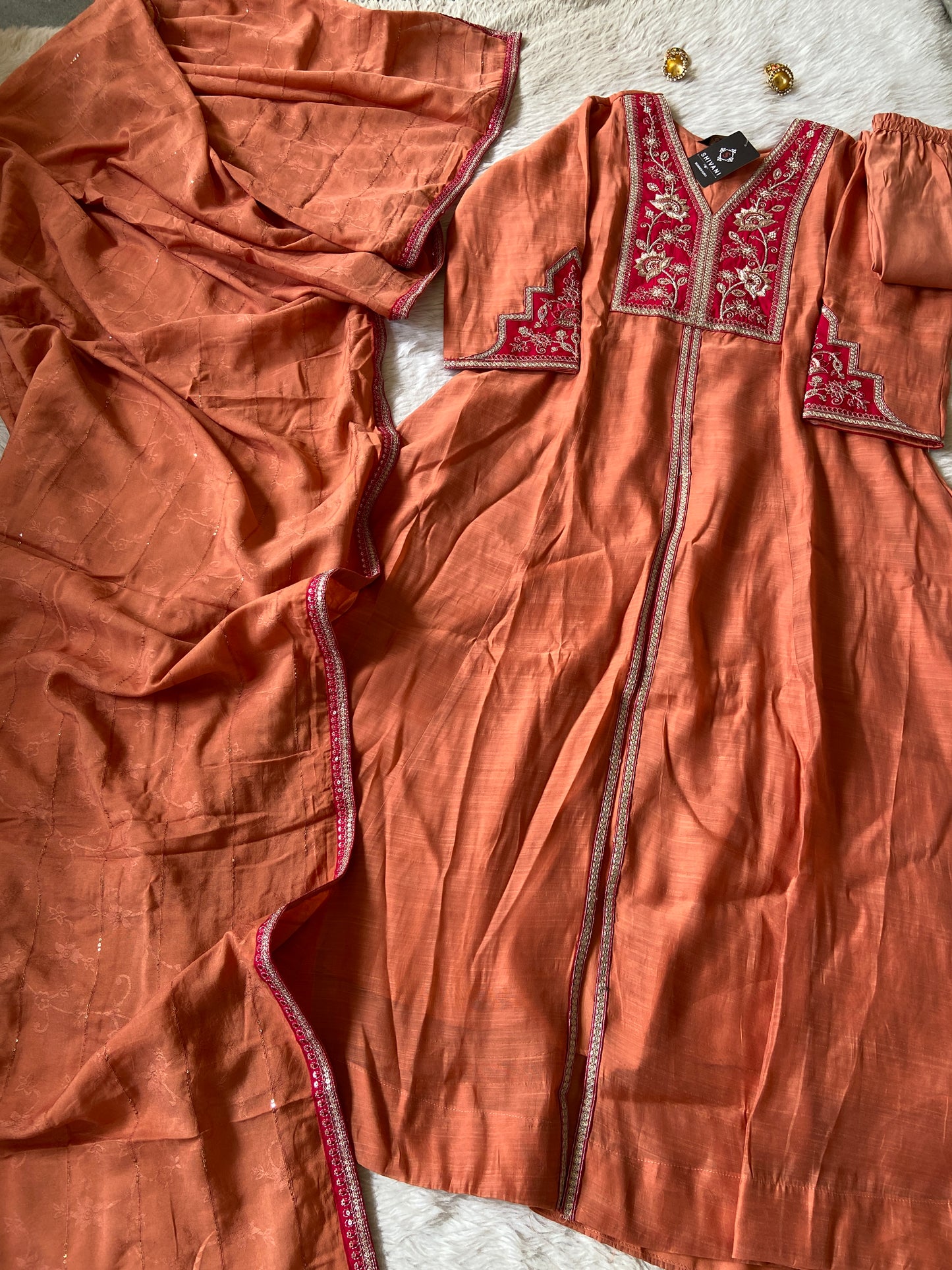 Premium Silk Suit With Beauty Ful Patchwork In Yoke With Matching Palazzo And Dupatta. Silk Aline Suit Sets For Women