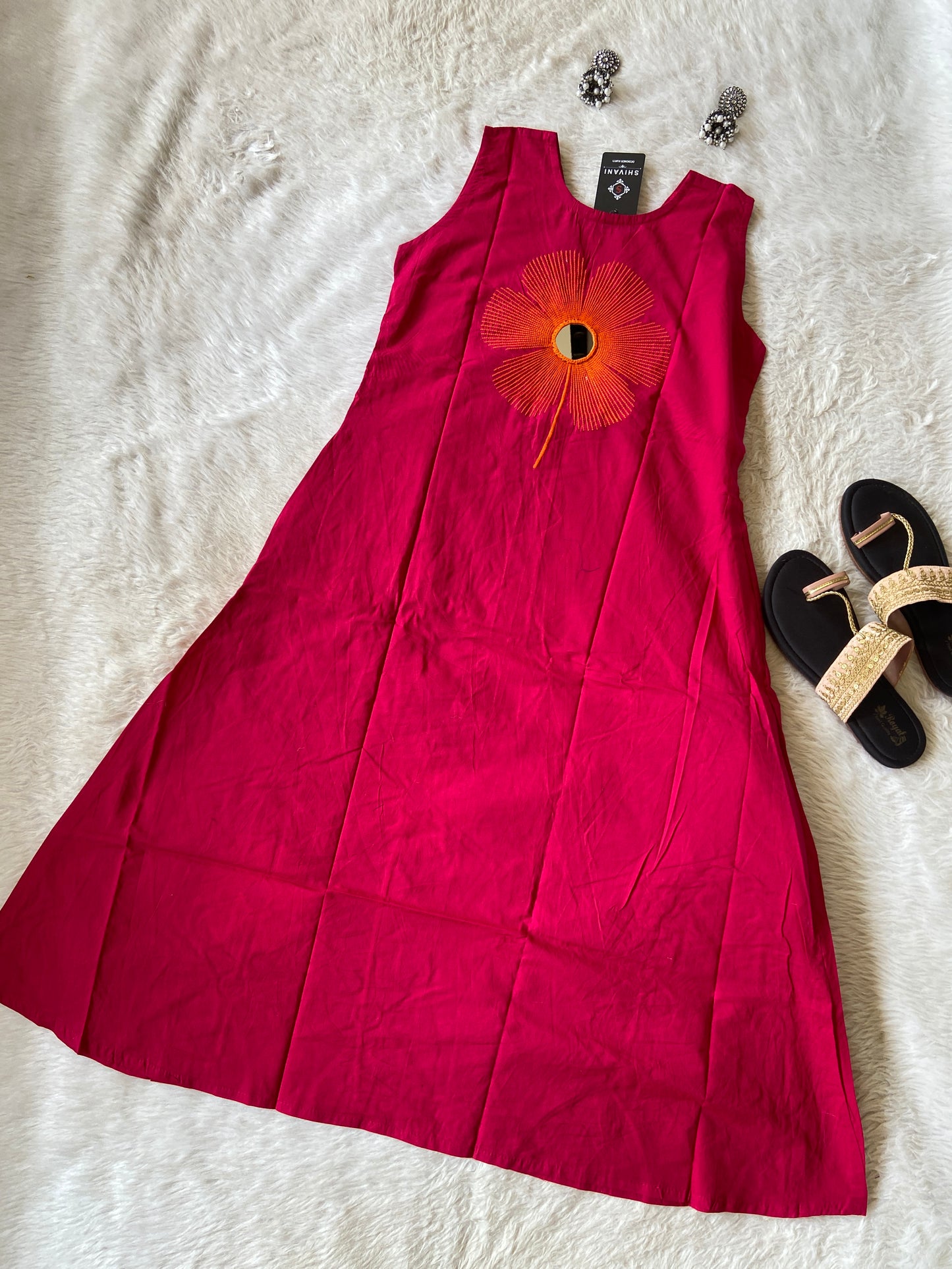 Sleeveless Cotton Aline Kurti With Attached 3/4th Sleeve, Mirror And Embroidery Work, Cotton Aline Kurti Sets For Women