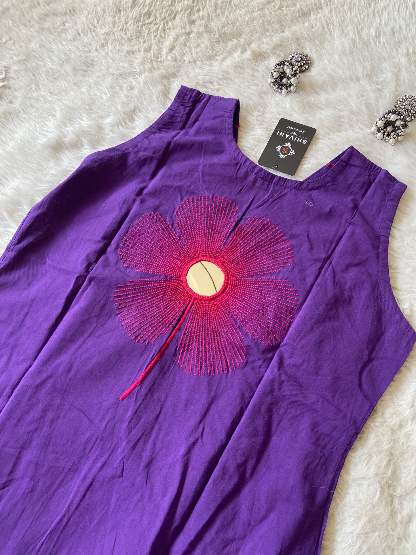 Sleeveless Cotton Aline Kurti With Attached 3/4th Sleeve, Mirror And Embroidery Work, Cotton Aline Kurti Sets For Women