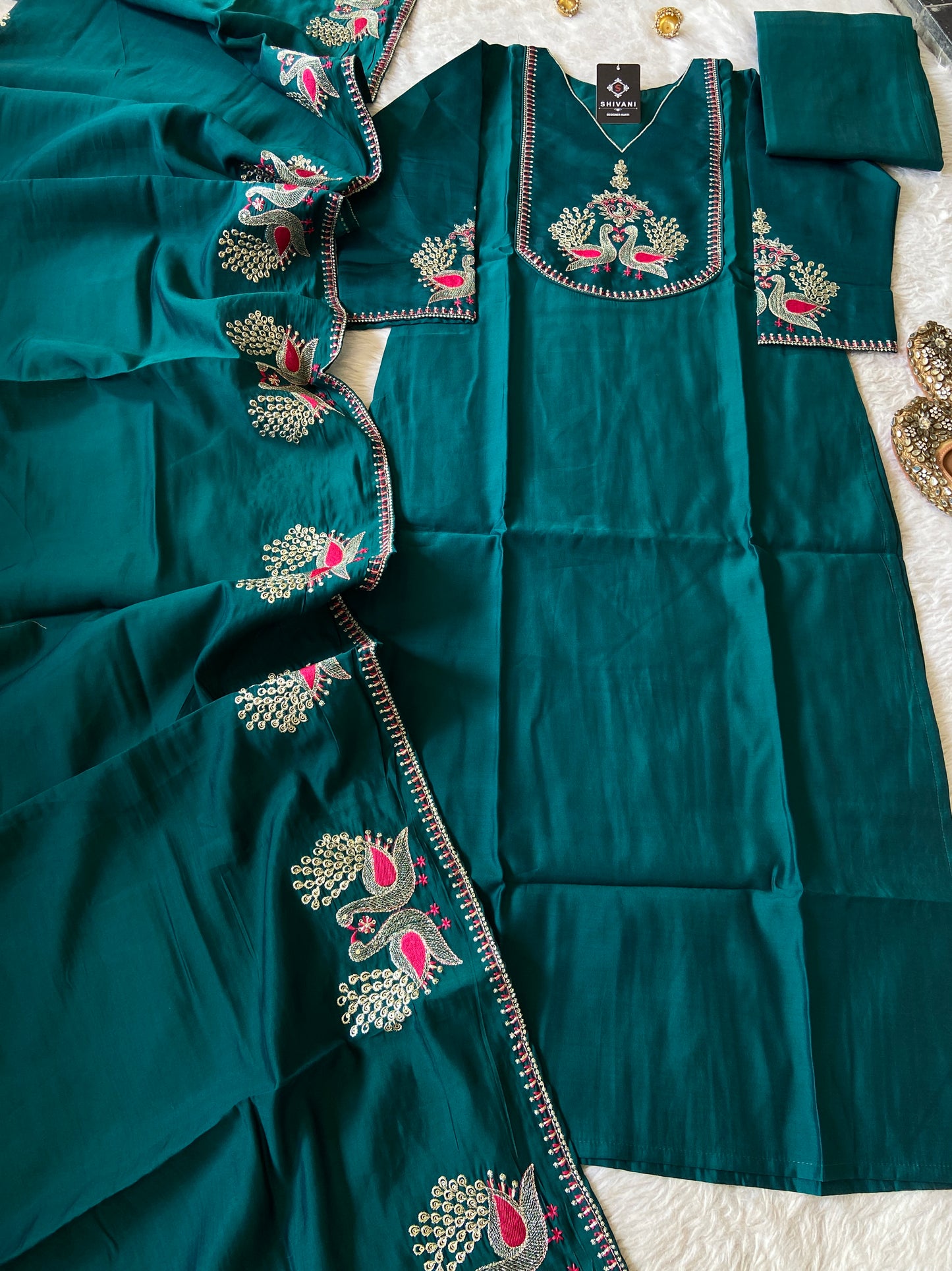 Roman Silk Straightcut Kurti With Matching Palazzo And Dupatta, Silk Straightcut Suit Sets For Women