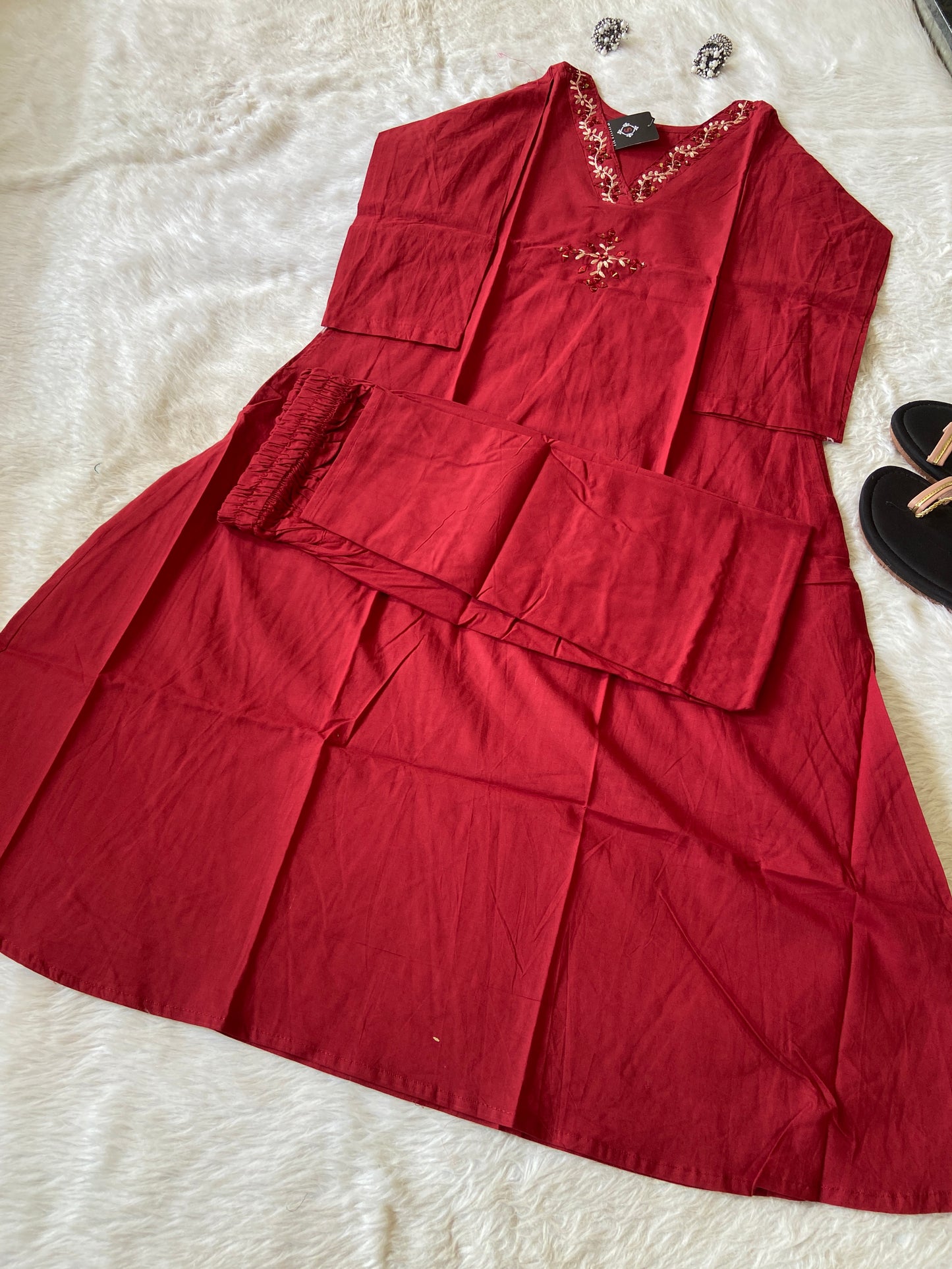 Mirror Work In VNeck With Plain Palazzo. Cotton Aline Kurti Sets For Women