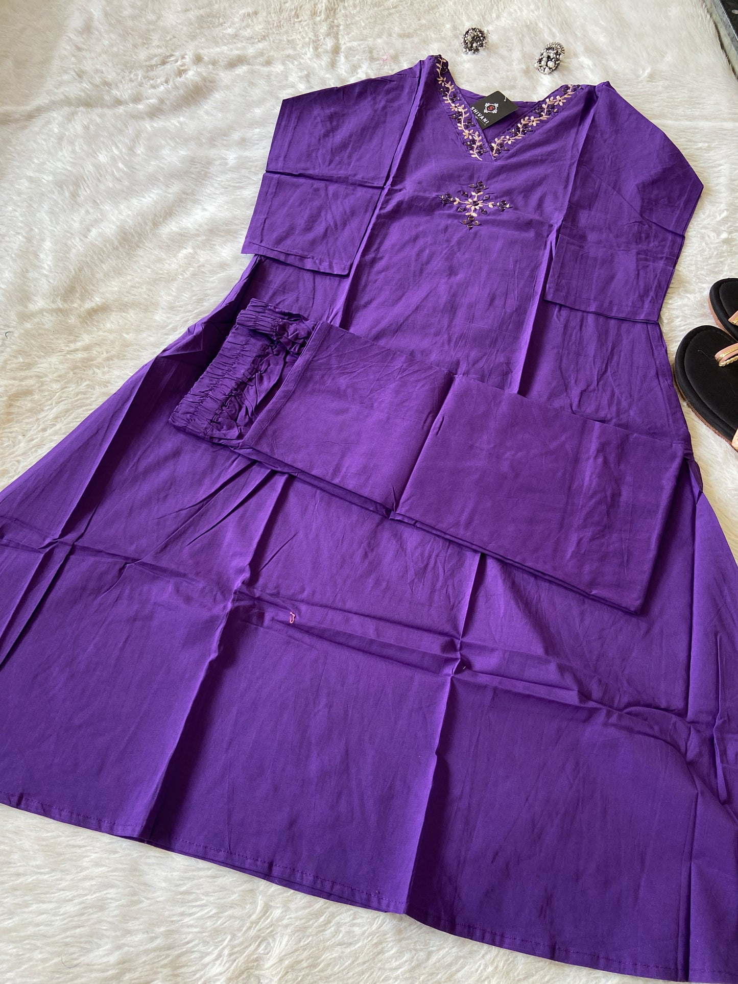 Mirror Work In VNeck With Plain Palazzo. Cotton Aline Kurti Sets For Women