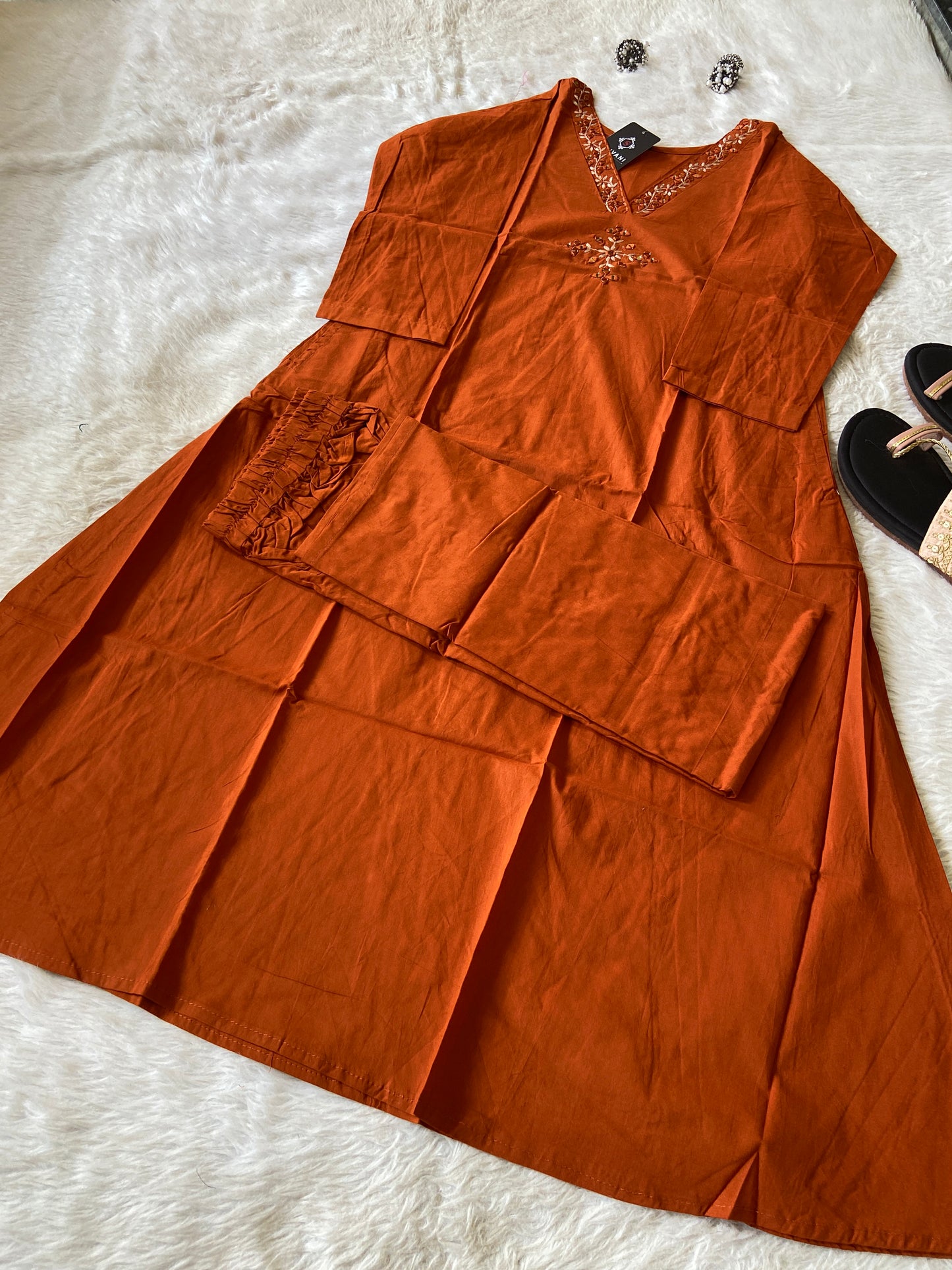 Mirror Work In VNeck With Plain Palazzo. Cotton Aline Kurti Sets For Women