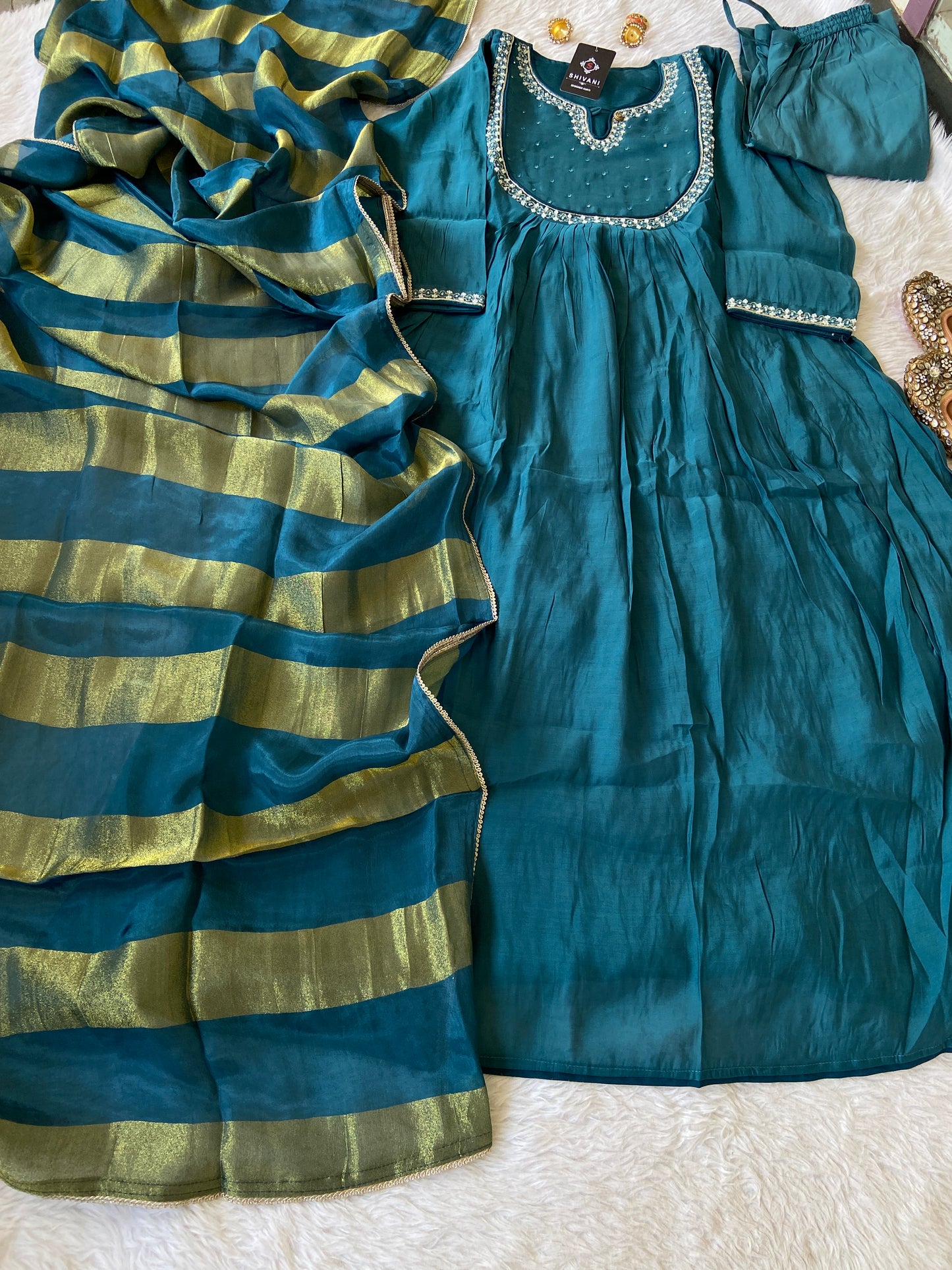 Beautiful Pearl Work In Neck And Sleeve With Matching Palazzo And Dupatta, Silk Suit Sets For Women