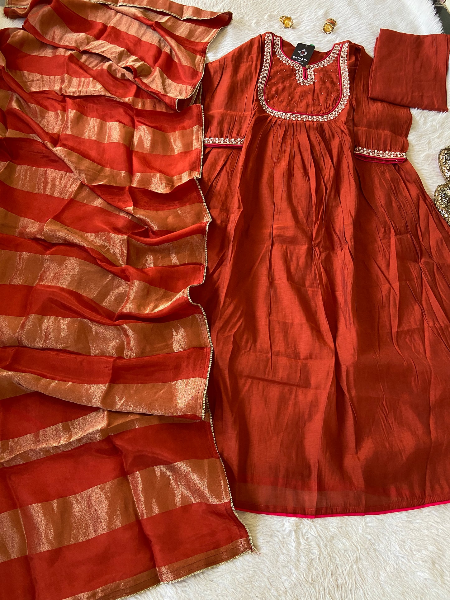 Beautiful Pearl Work In Neck And Sleeve With Matching Palazzo And Dupatta, Silk Suit Sets For Women