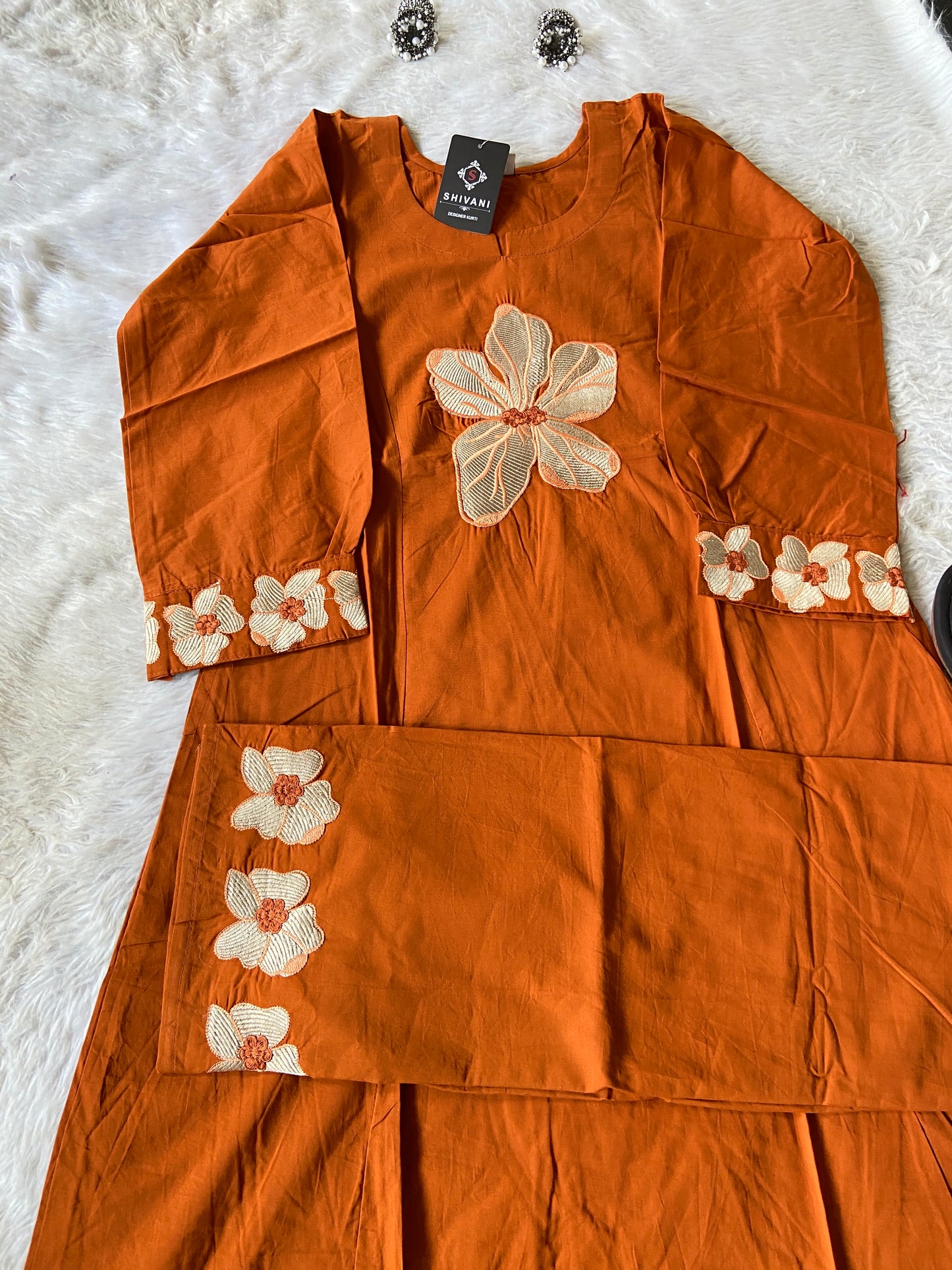 Flower Work In Sleeeve, Palazzo And Neck, Beautiful Aline Kurti With Plain Palazzo. Cotton Aline Kurti Sets For Women