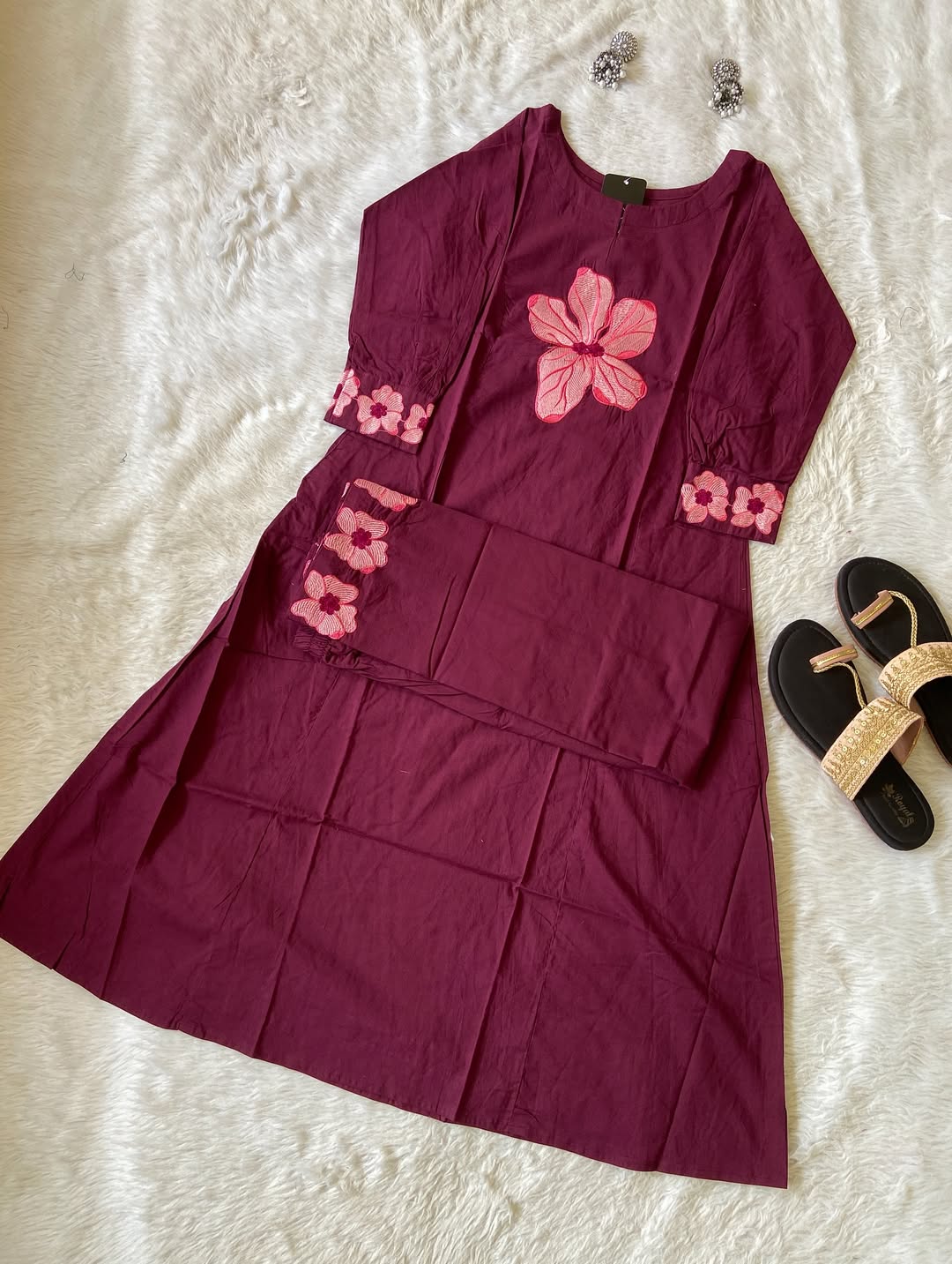 Flower Work In Sleeeve, Palazzo And Neck, Beautiful Aline Kurti With Plain Palazzo. Cotton Aline Kurti Sets For Women