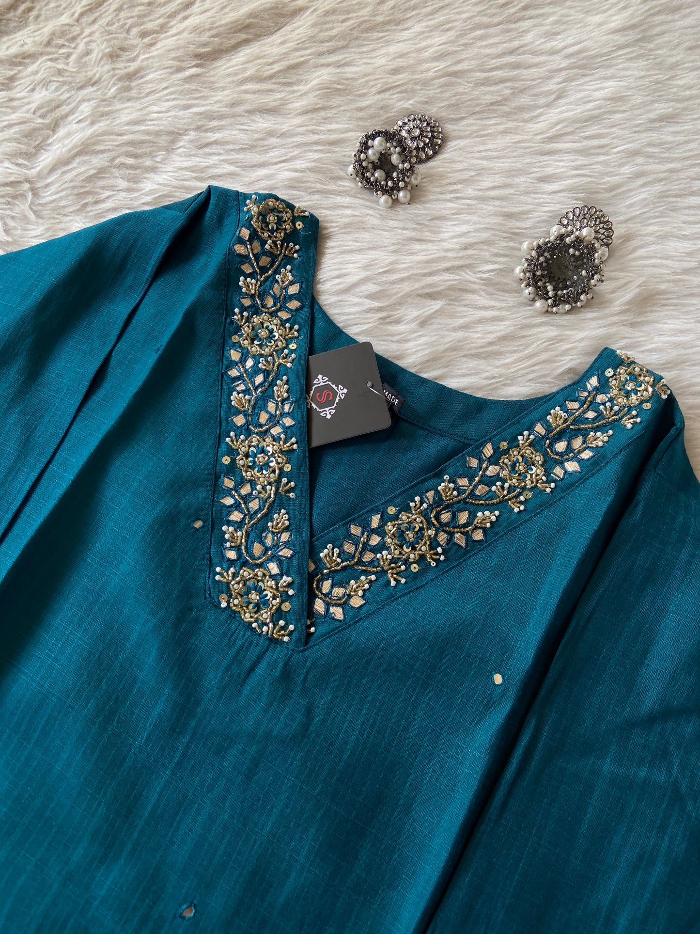 VNeck With Beautiful Handwork, StraightCut Kurti With Palazzo. Silk StraightCut Kurti Sets For Women