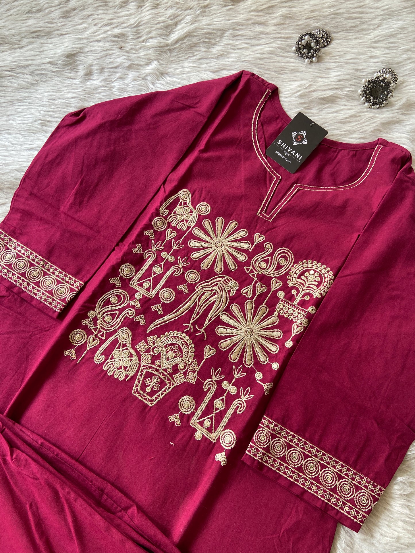 Straight Kurti With Embroidery Work And Matching Palazzo. Cotton Straight Kurti Sets For Women