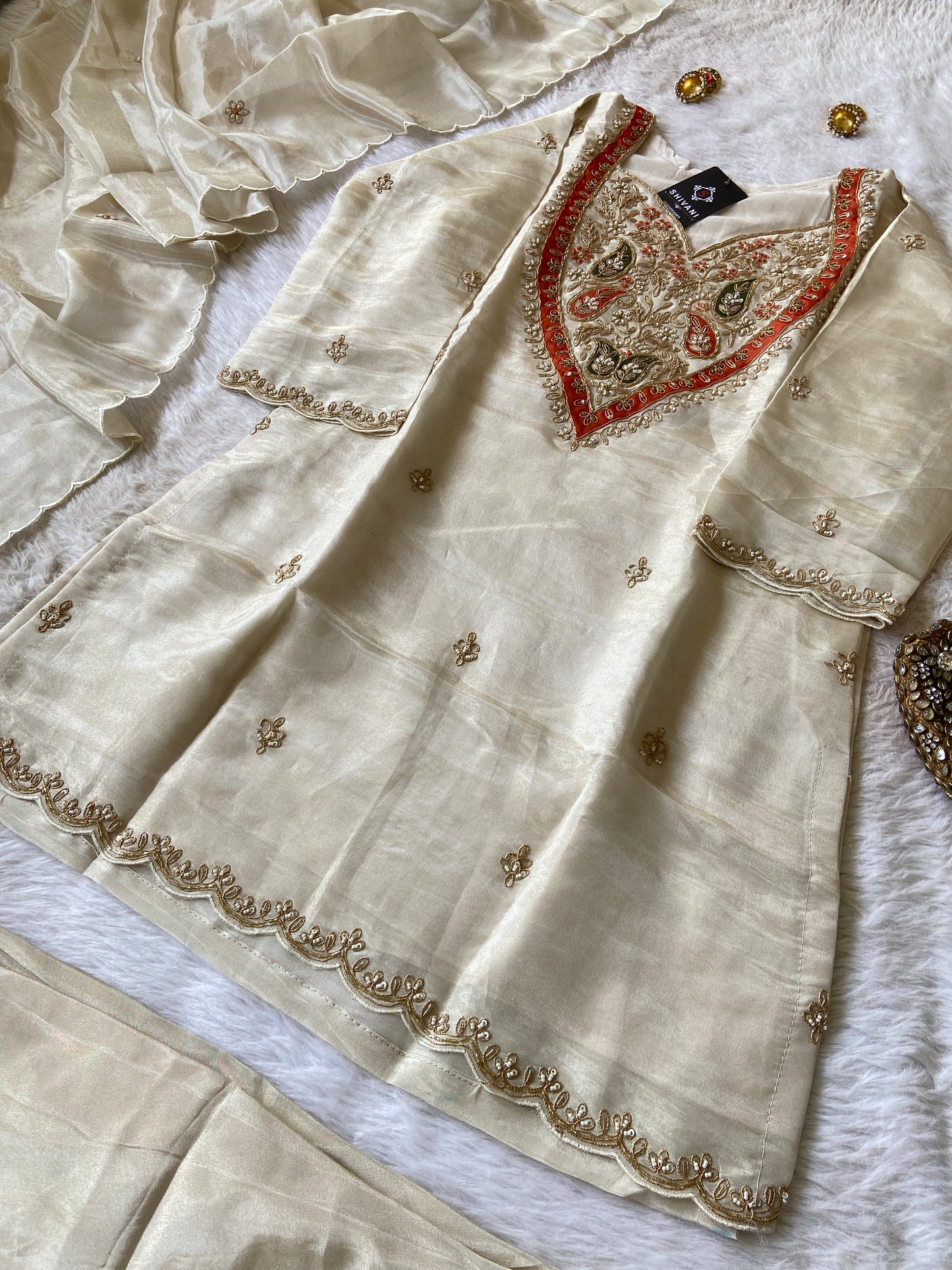 Premium Tissue Suit Set With Beautiful Handwork In Kurti With Matching Full Flair Palazzo And Dupatta, Silk Short Kurti Suit Sets For Women