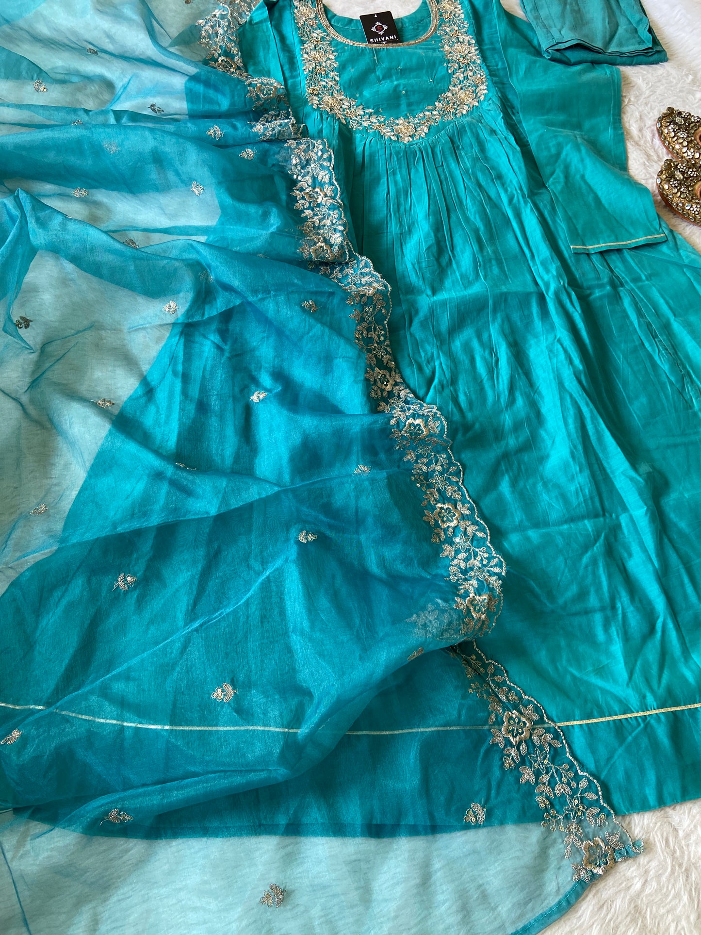 Full Sleeve Round Kurti With Beautiful Neck Work, Matching Pant And Dupatta. Silk Suit Sets For Women.