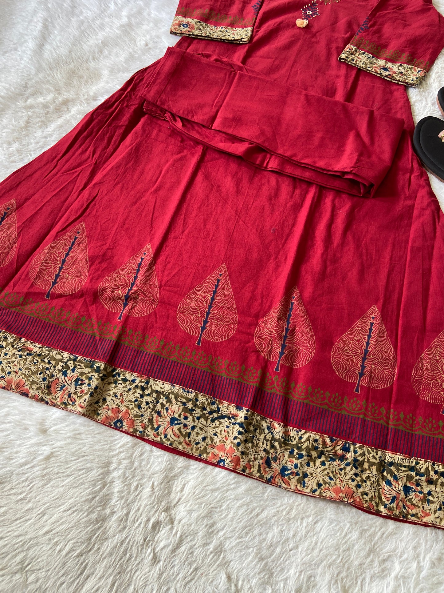 Cotton Aline Kurti With Kalamkari Patch And Block Print With Matching Pant. Cotton Kurti Sets For Women
