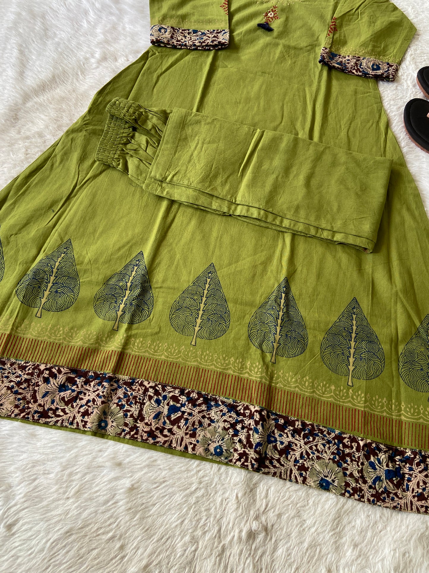 Cotton Aline Kurti With Kalamkari Patch And Block Print With Matching Pant. Cotton Kurti Sets For Women