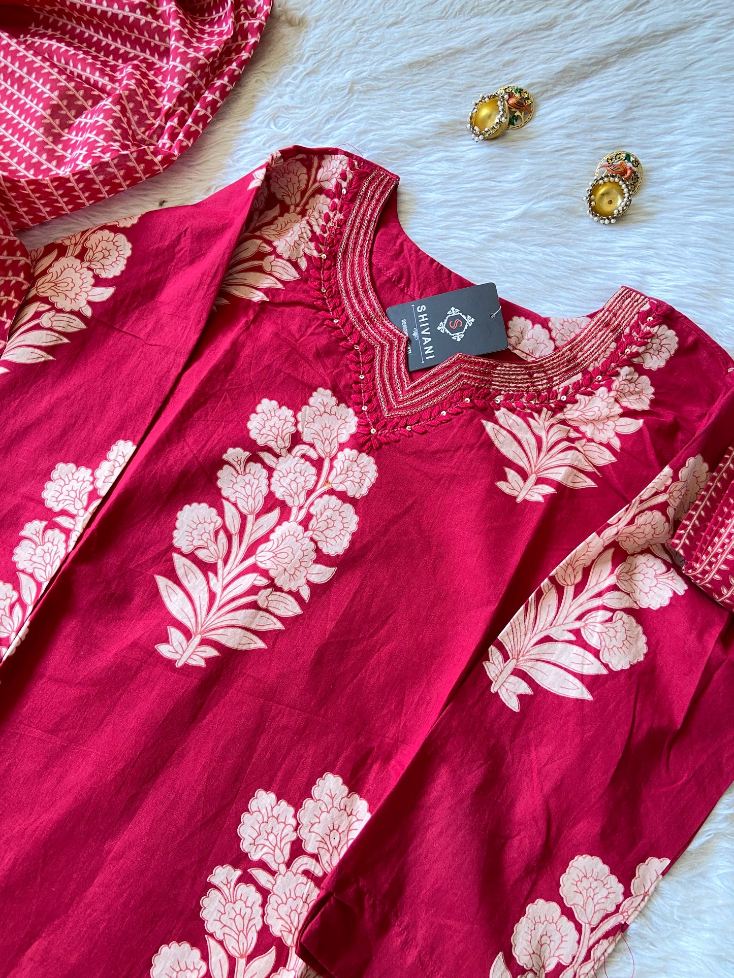 Jaipuri Cotton Straightcut Kurti With Palazzo And Dupatta. Cotton Straight Suit Set For Women