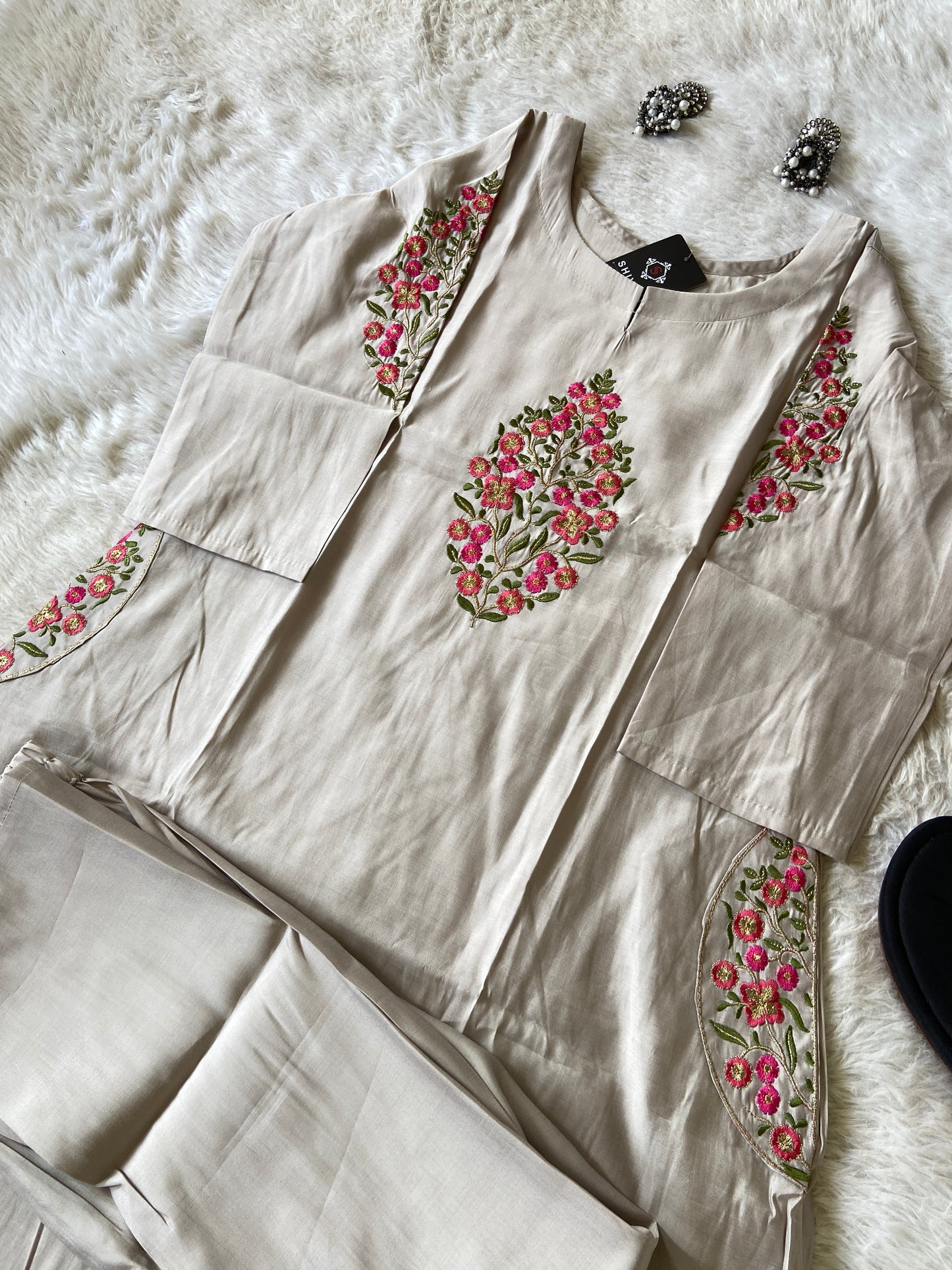 VNeck Silk Aline Kurti With Palazzo, Silk Aline Kurti Sets For Women