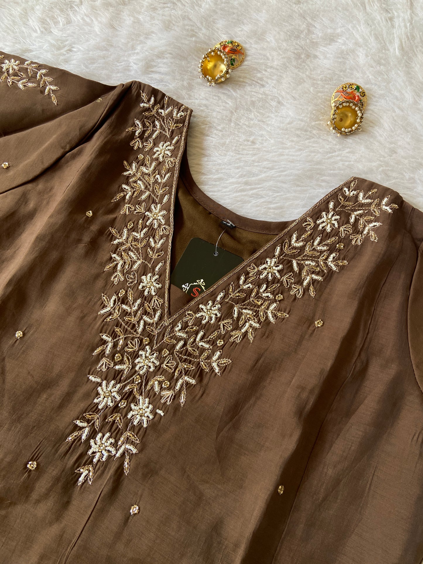 Aline Kurti With Bead Work In Neck And Sleeve, Pant With Dupatta. Aline Silk Suit Sets For Women.