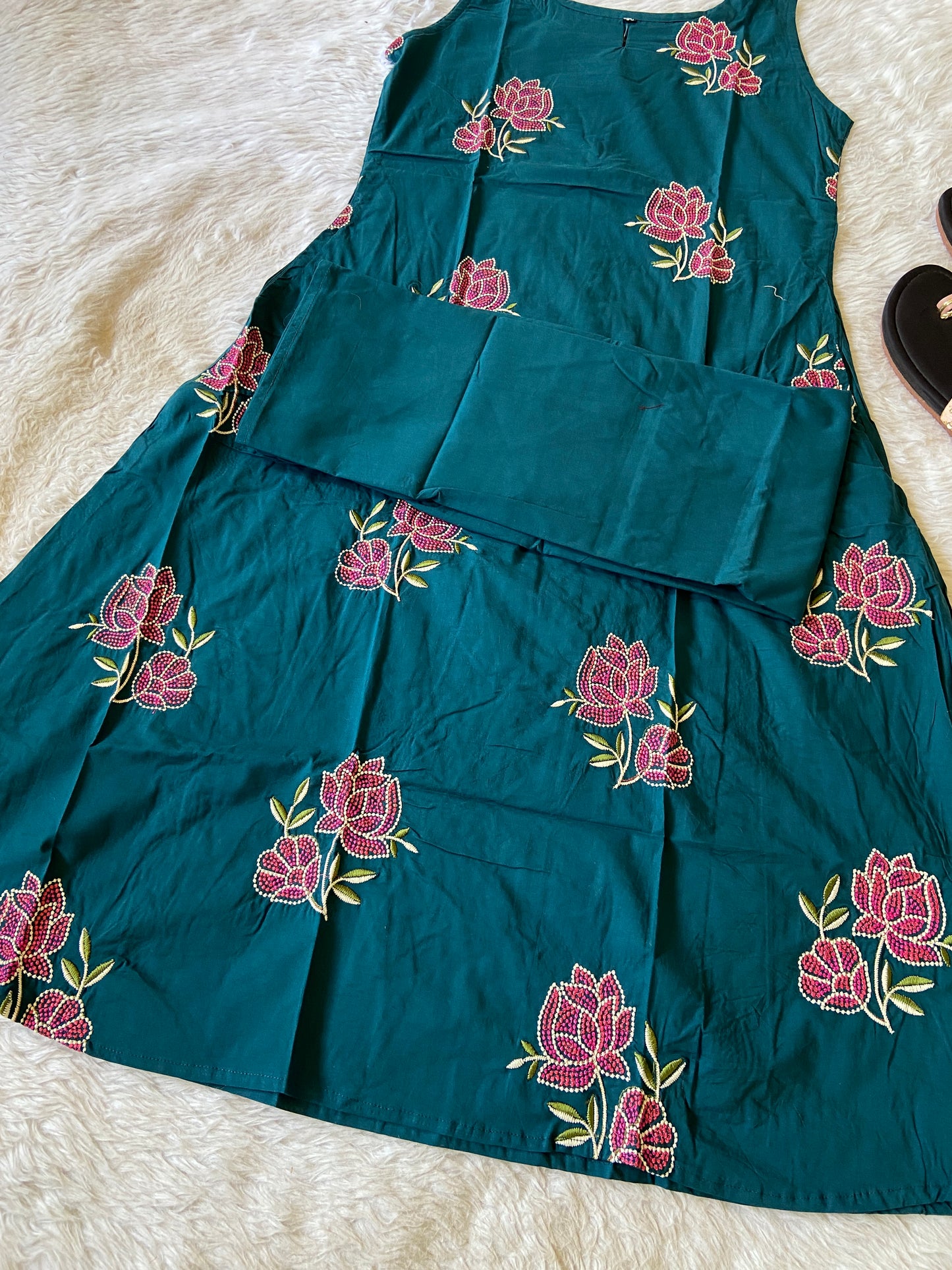 Cotton Flower Embroidery Work Aline Sleeveless Kurti (3/4th Attached) With Full Flair Palazzo. Cotton Aline Kurti Sets For Women.