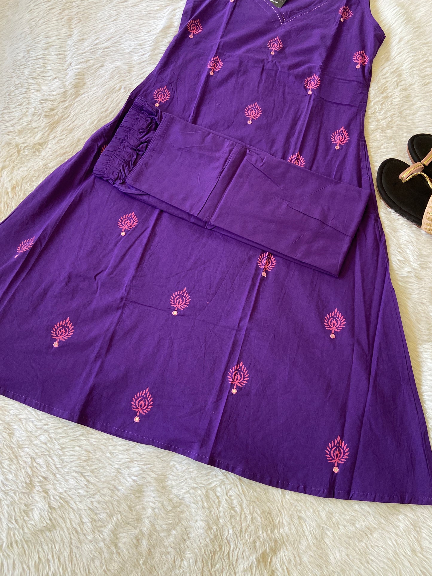 Cotton Sleeveless Aline Kurti With Palazzo (3/4th Sleeve Attached). Cotton Aline Kurti Sets For Women.