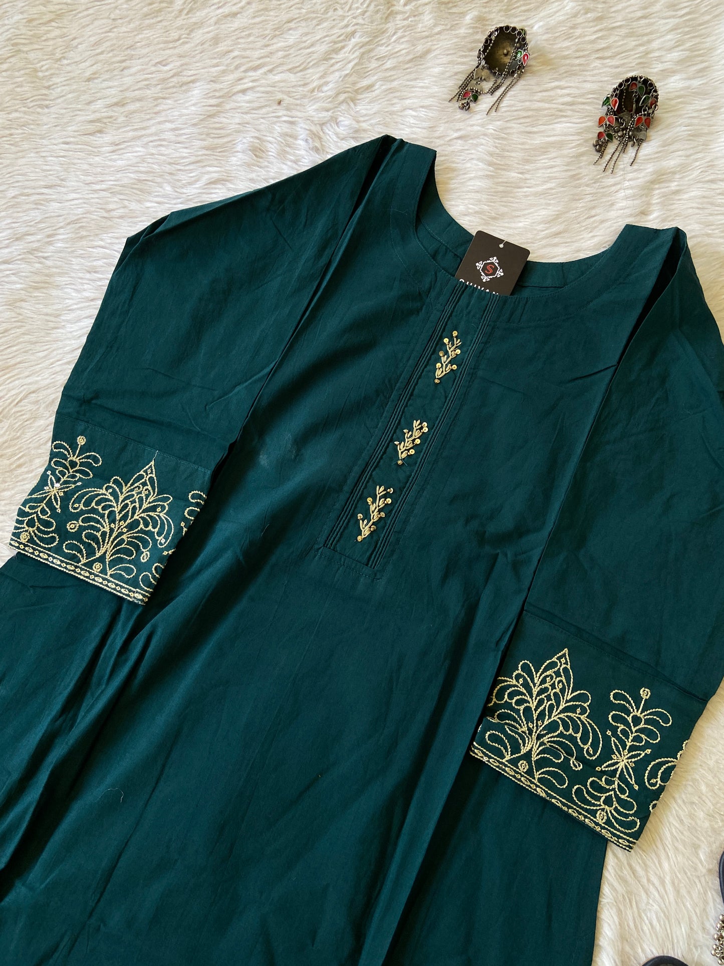 Cotton Straight Cut Kurti With Work In Sleeve. Cotton Kurti For Women.