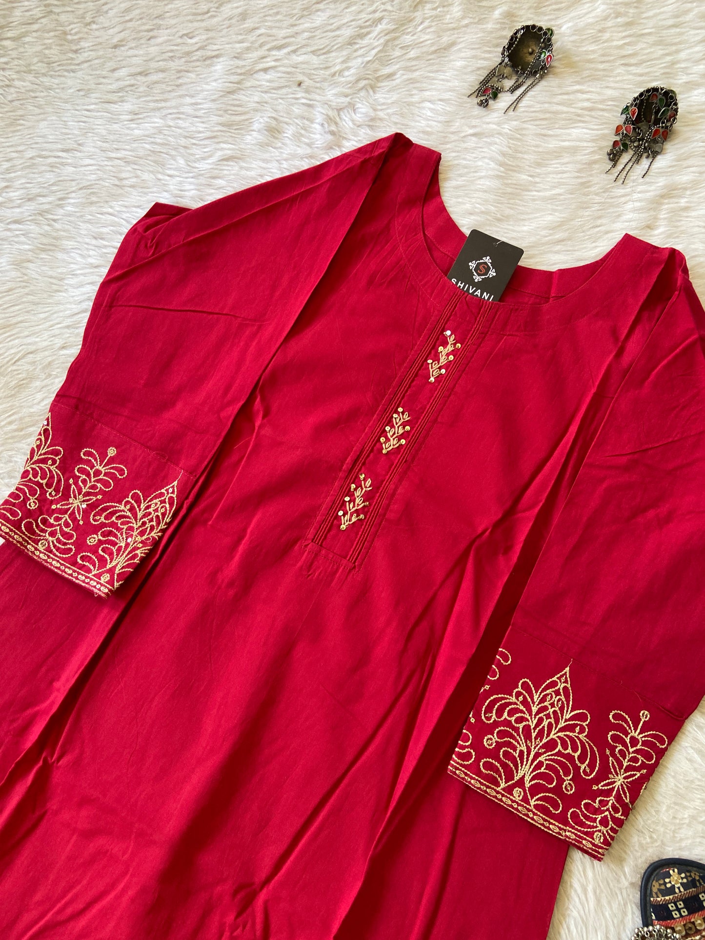 Cotton Straight Cut Kurti With Work In Sleeve. Cotton Kurti For Women.