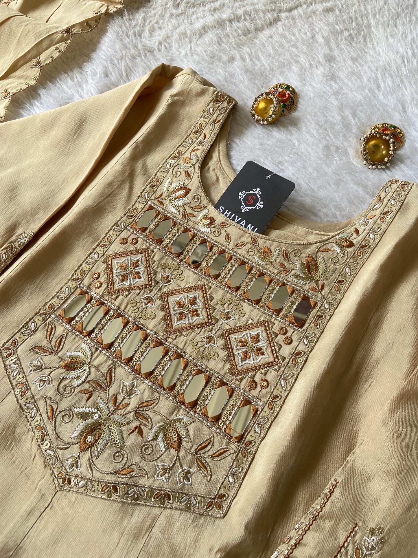 Beautiful Mirror Work In Neck And Sleeve, Anarkali Kurti With Matching Palazzo And Dupatta. Anarkali Silk Suit For Women.