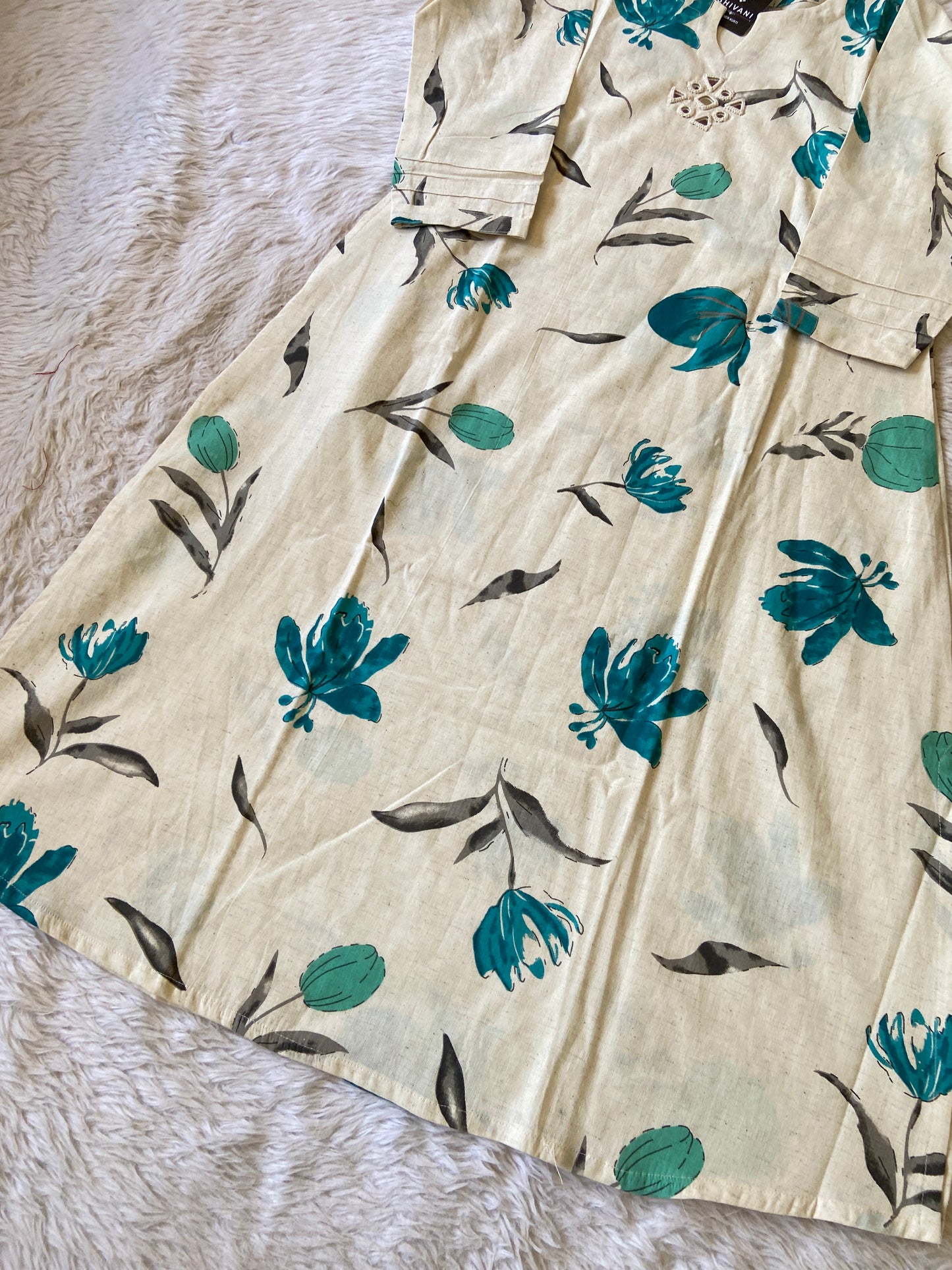Mirror Work Style Flower Print Cotton Aline Kurti. Cotton Aline Kurtis For Women.