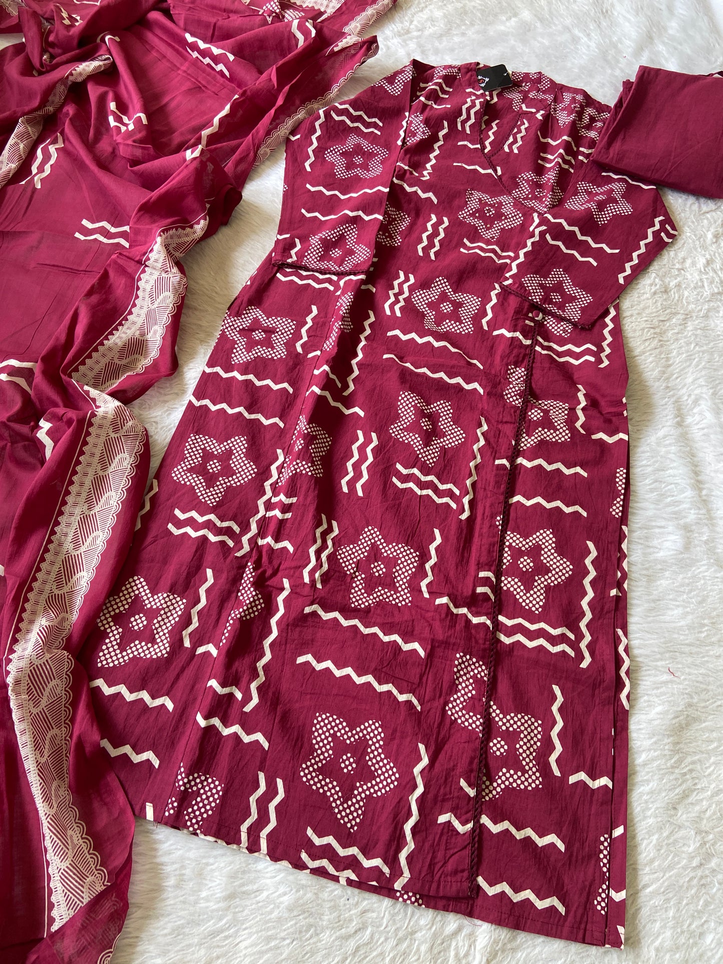 Angarakha Style Cotton Straight Kurti With Pant And Dupatta. Cotton Straight Suit Sets For Women.