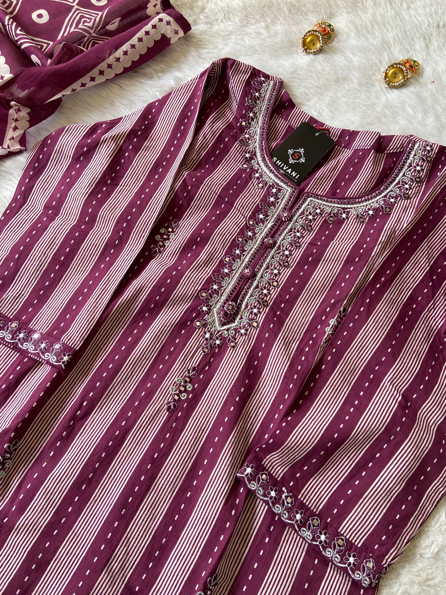Stripe Style Cotton Straight Kurti With Pant And Dupatta. Cotton Suit Sets For Women.
