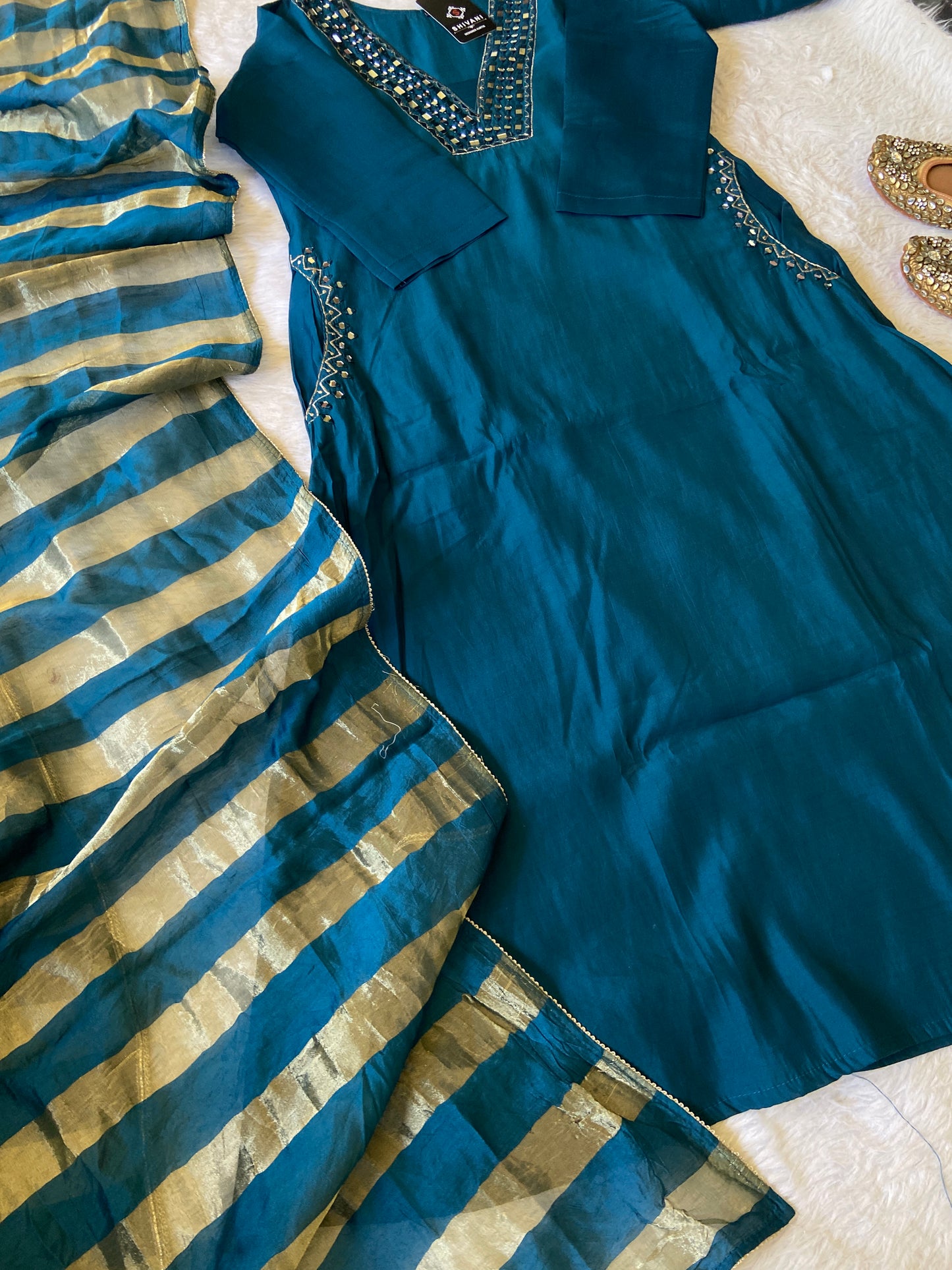Mirror Work Aline Kurti, Pocket Work With Matching Palazzo And Dupatta. Silk Suit Sets For Women.
