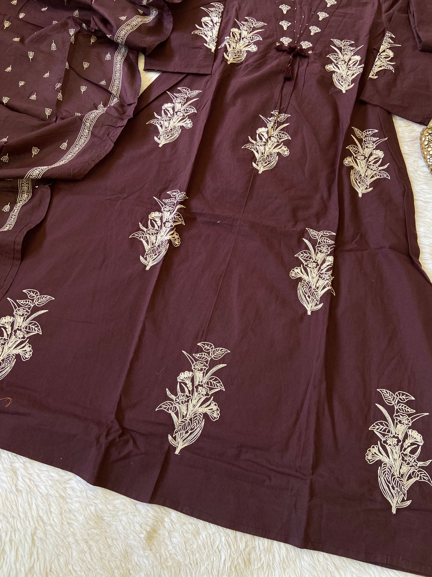 Cotton V-neck Embroidery Kurti, Pant And Dupatta. Cotton Suit Sets For Women.