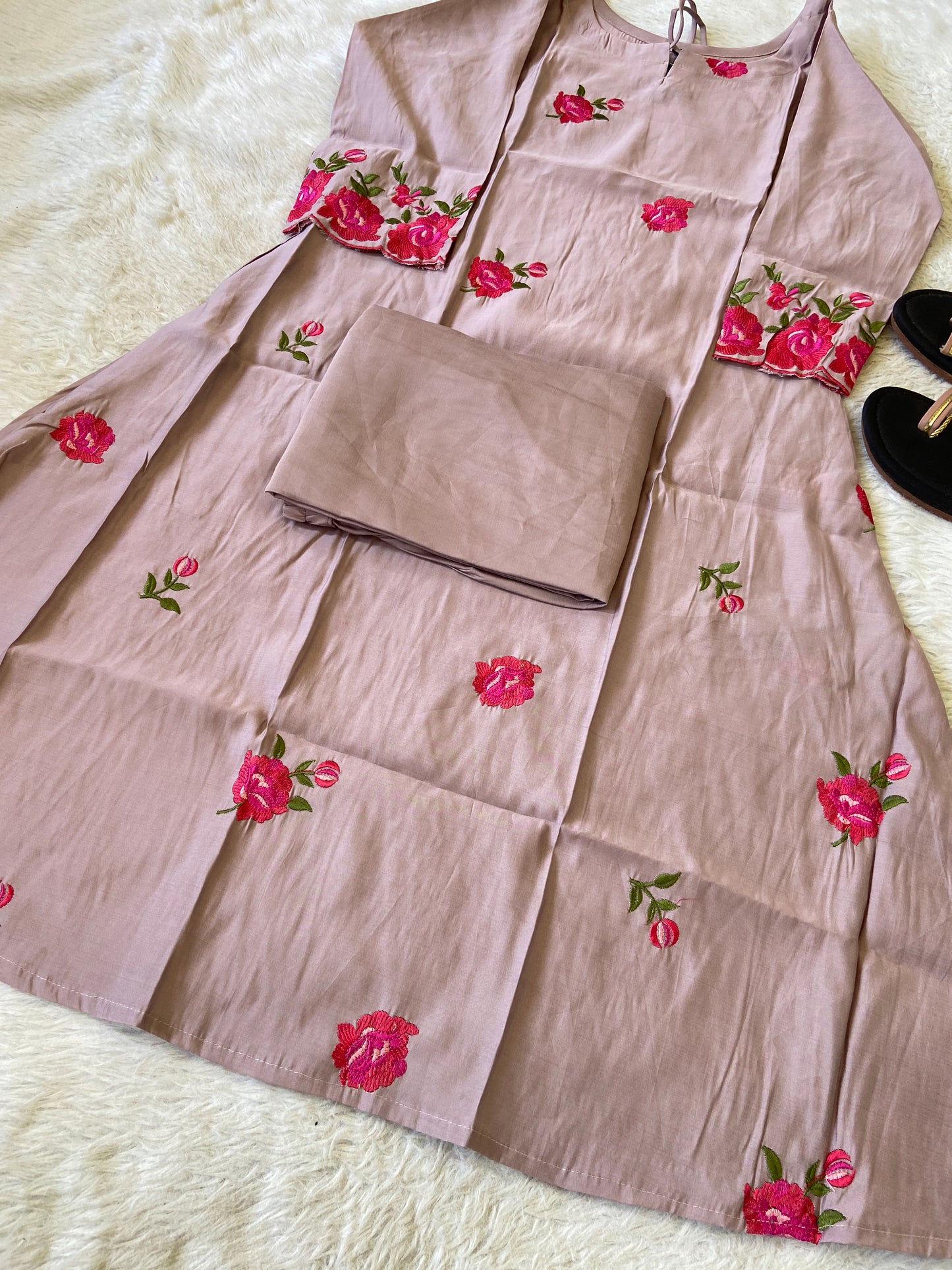 Flower Work Aline Kurtis With Full Flair Palazzo. Silk Kurti Sets For Women.