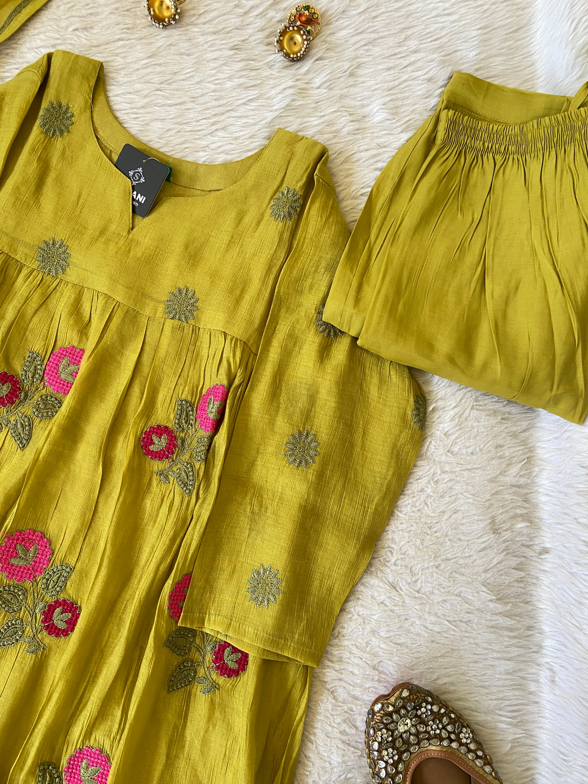 Flower Embroidery Work Coral Silk Aline Kurti With Palazzo And Dupatta. Silk Suit Sets For Women Online India. Shop the Latest Festive Summer Collection at Shivani Designer Kurti.