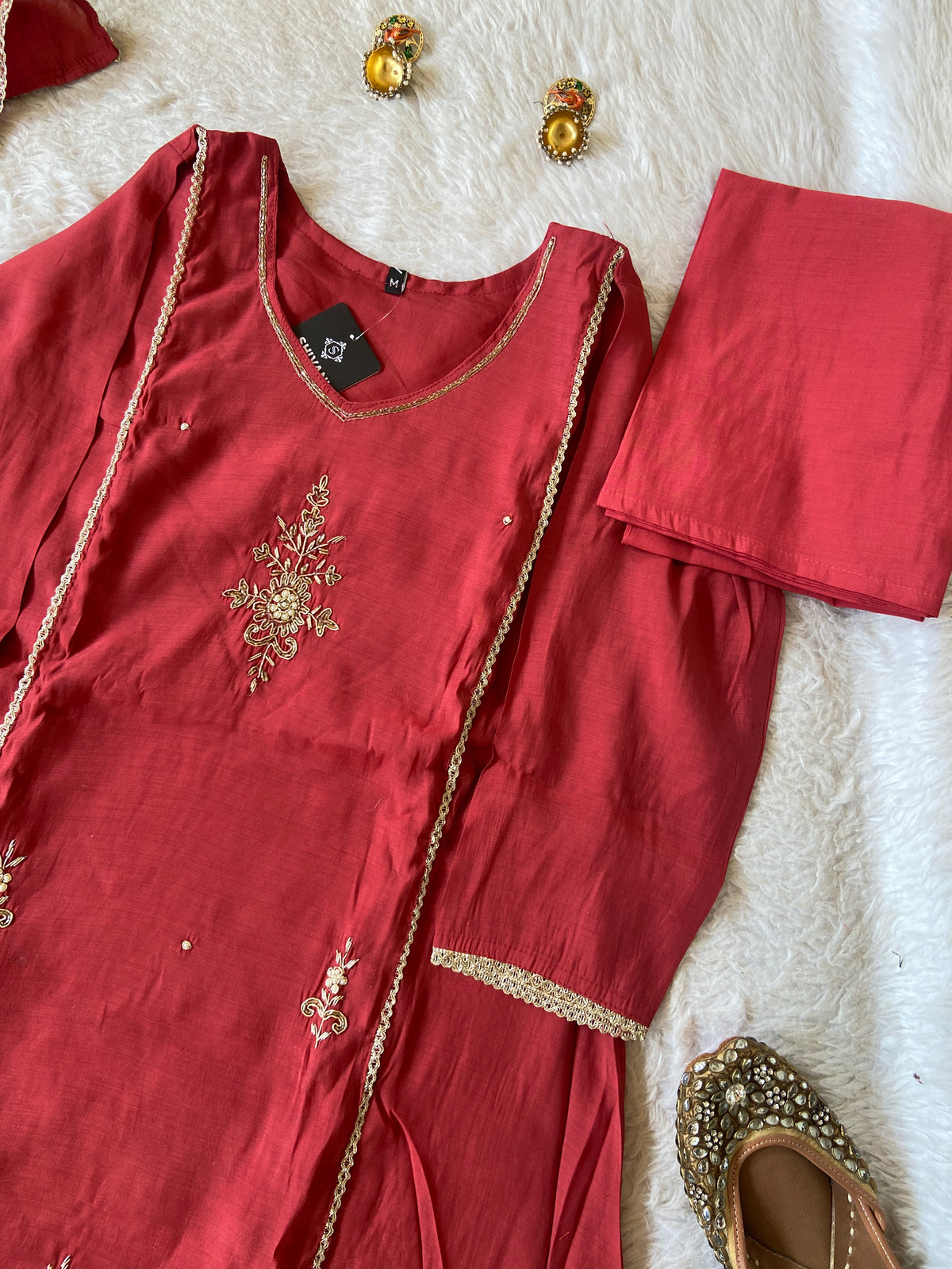 HandWork Work Mul Chanderi ALine Kurti With Semi Palazzo And Dupatta. Silk Suit Sets For Women Online India. Shop the Latest Festive Summer Collection at Shivani Designer Kurti.