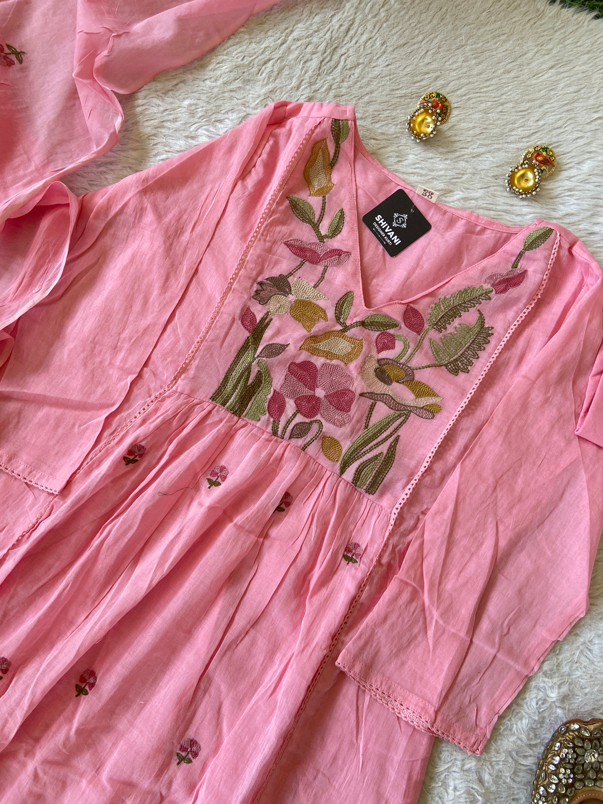 Flower Embroidery Work Cotton Aline Kurti, Pant And Dupatta. Cotton Suit Sets For Women Online India. Shop the Latest Festive Summer Collection at Shivani Designer Kurti.